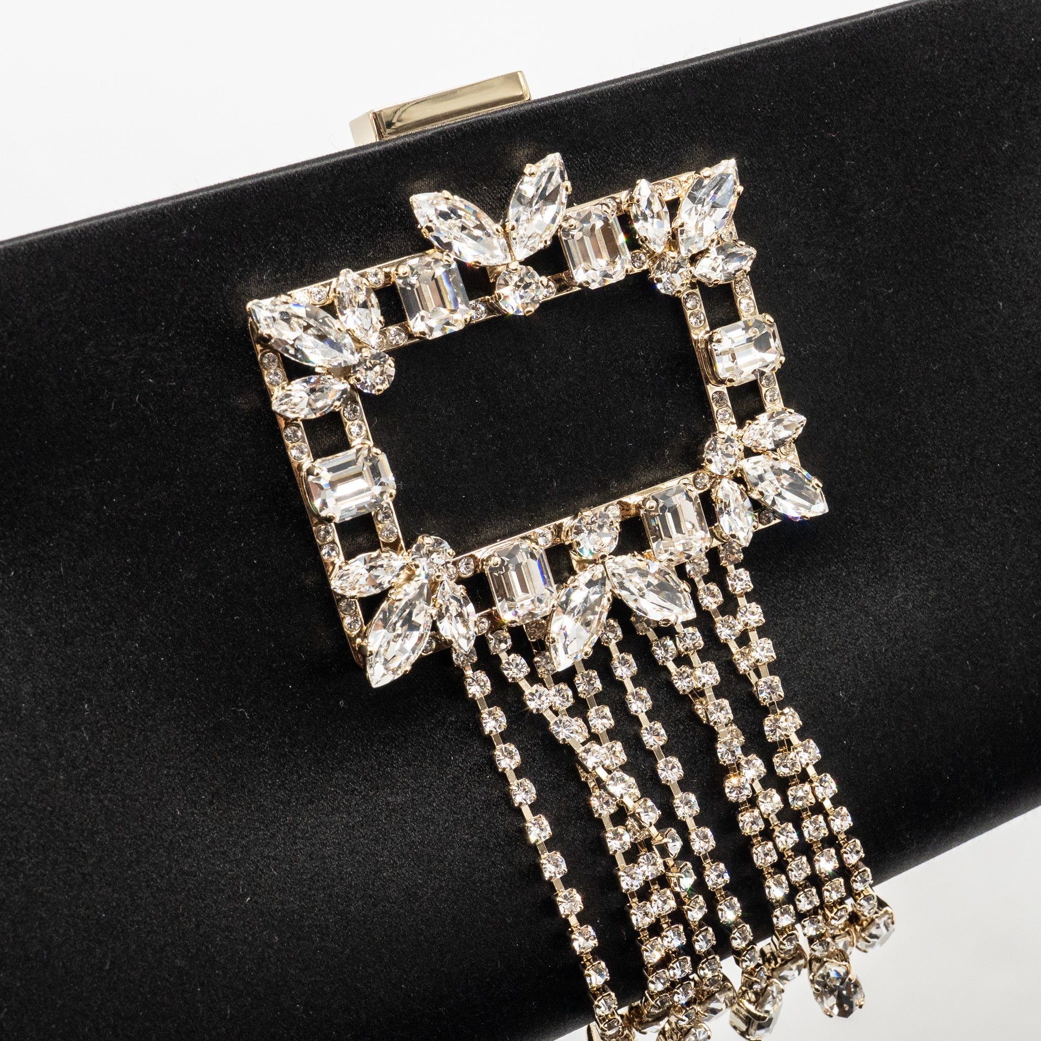ROGER VIVIER STRASS BUCKLED CLUTCH/PURSE WITH CHAIN SATIN BLACK LGHW