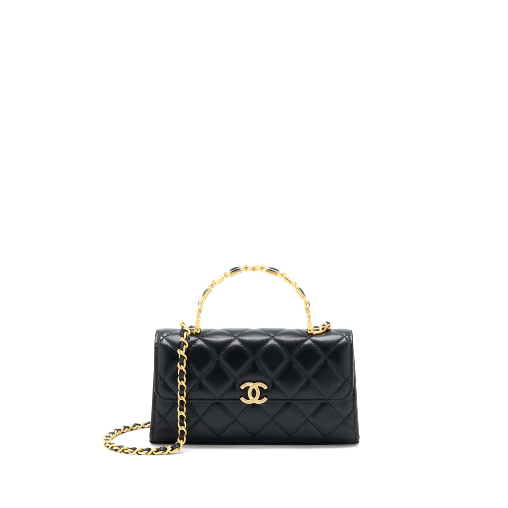CHANEL 22B FLAP BAG ENAMEL/CC LOGO TOP HANDLE LAMBSKIN BLACK BRUSHED GHW