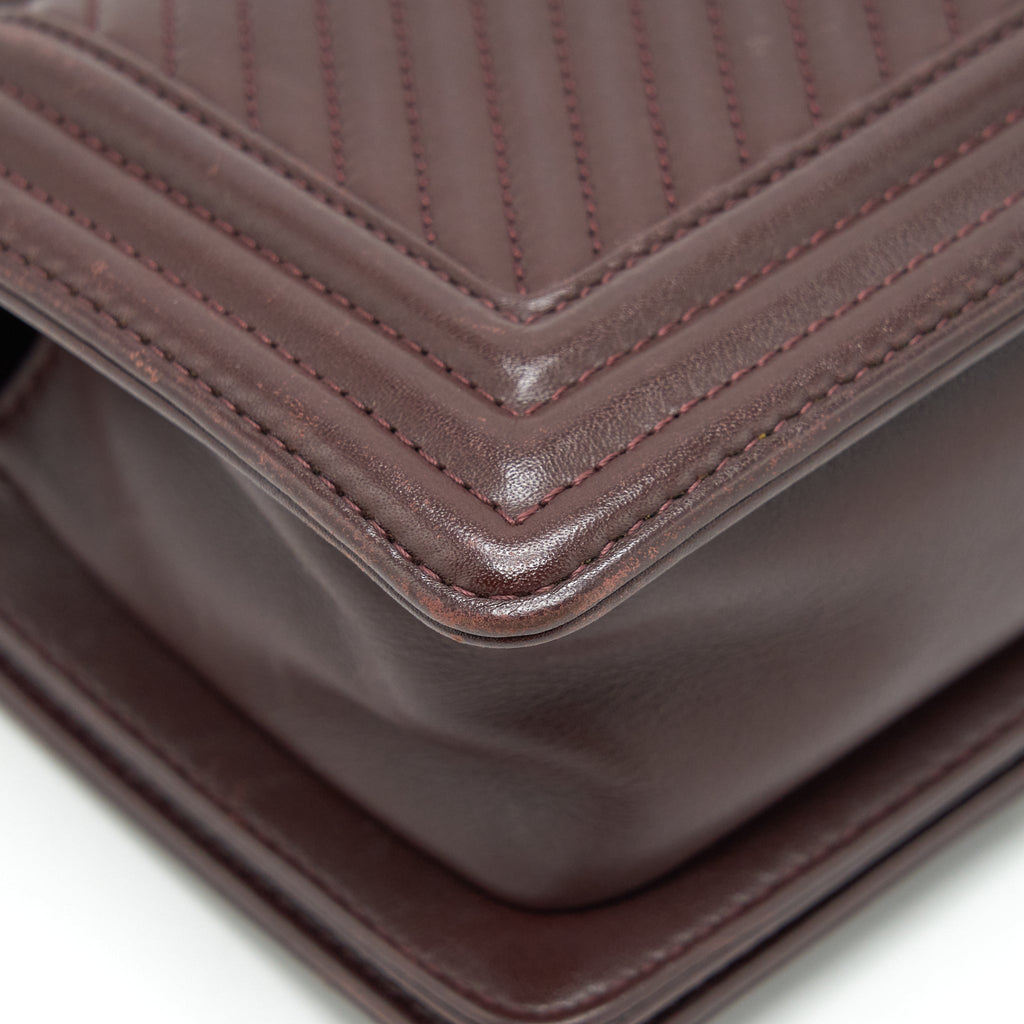 CHANEL CHEVRON SMALL BOY BAG LAMBSKIN BURGUNDY RUTHENIUM HARDWARE