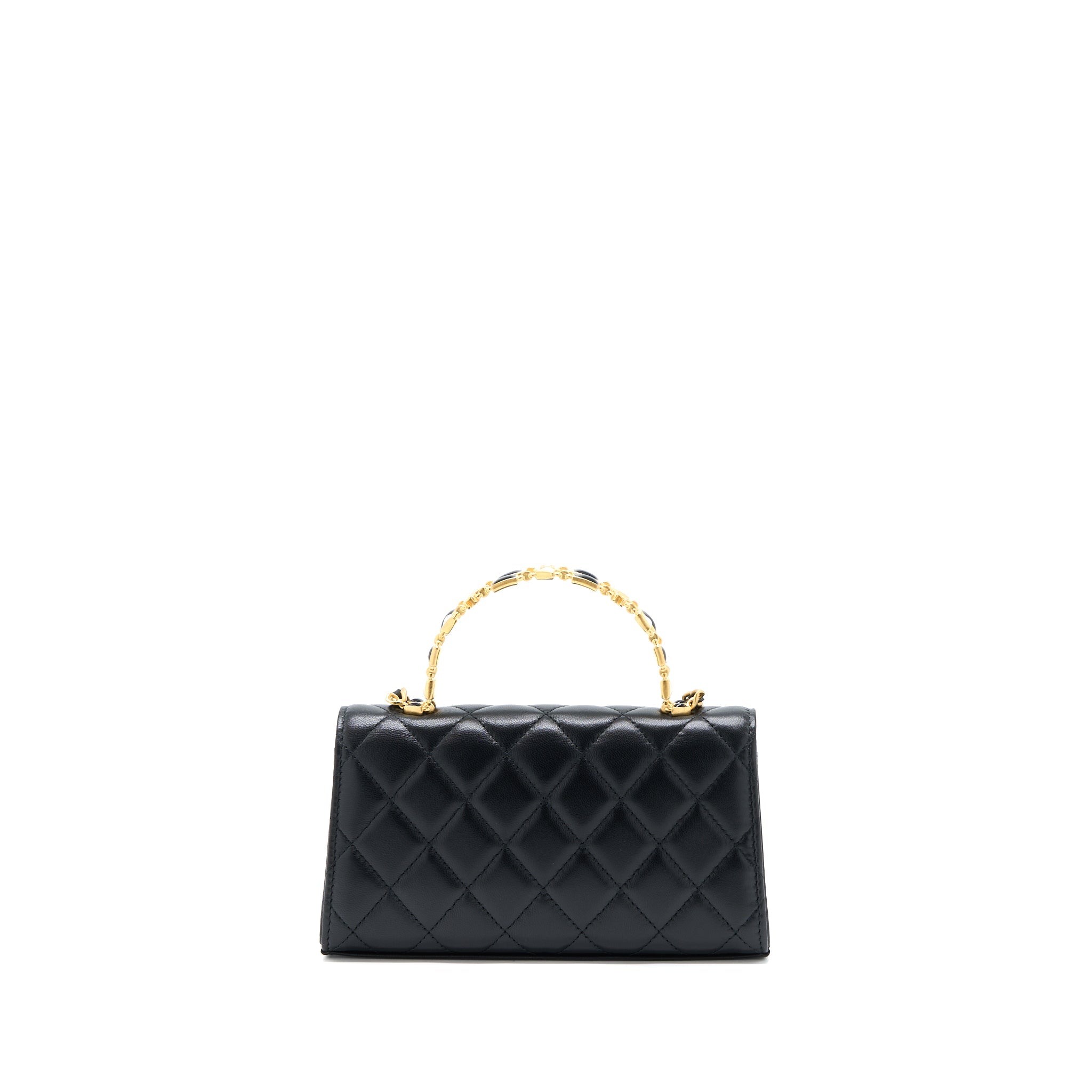 CHANEL 22B FLAP BAG ENAMEL/CC LOGO TOP HANDLE LAMBSKIN BLACK BRUSHED GHW