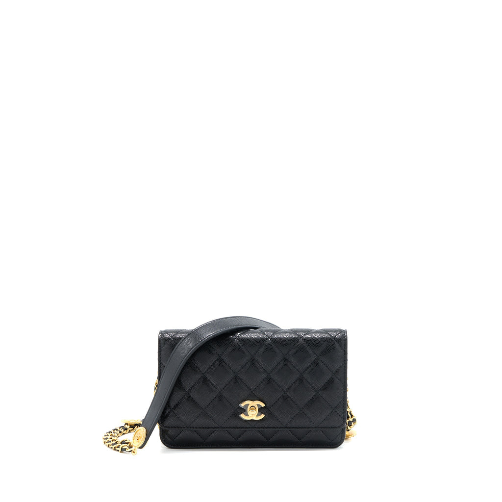 CHANEL 22A TWIST YOUR BUTTON WALLET ON CHAIN CAVIAR BLACK GHW (MICROCHIP)