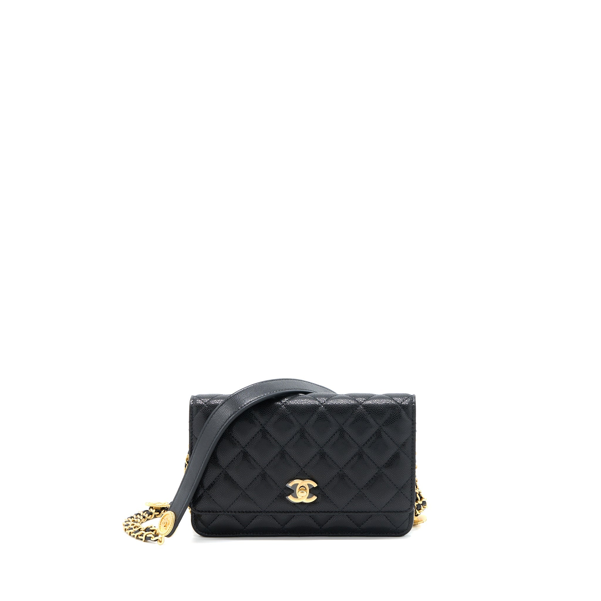 CHANEL 22A TWIST YOUR BUTTON WALLET ON CHAIN CAVIAR BLACK GHW (MICROCHIP)