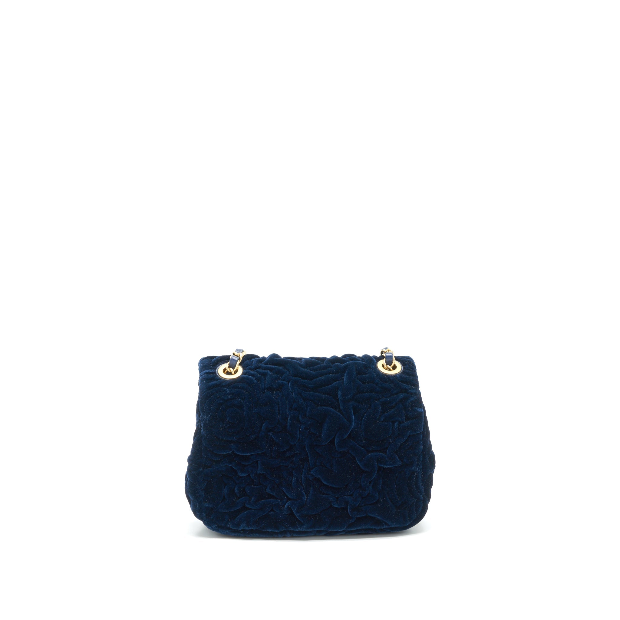 CHANEL VELVET CAMELLIA EMBOSSED MINI SQUARE FLAP BAG NAVY GHW (MICROCHIP)