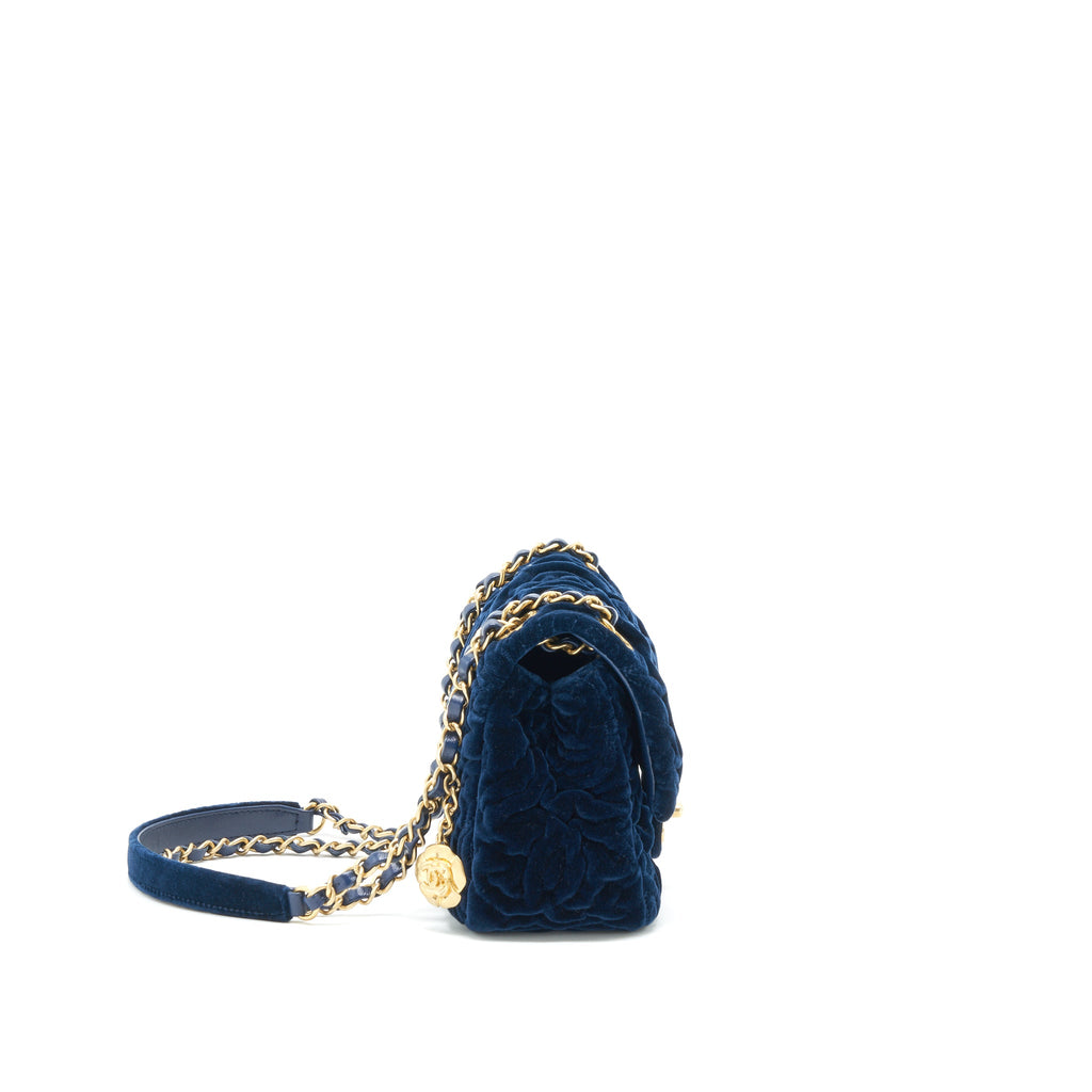 CHANEL VELVET CAMELLIA EMBOSSED MINI SQUARE FLAP BAG NAVY GHW (MICROCHIP)