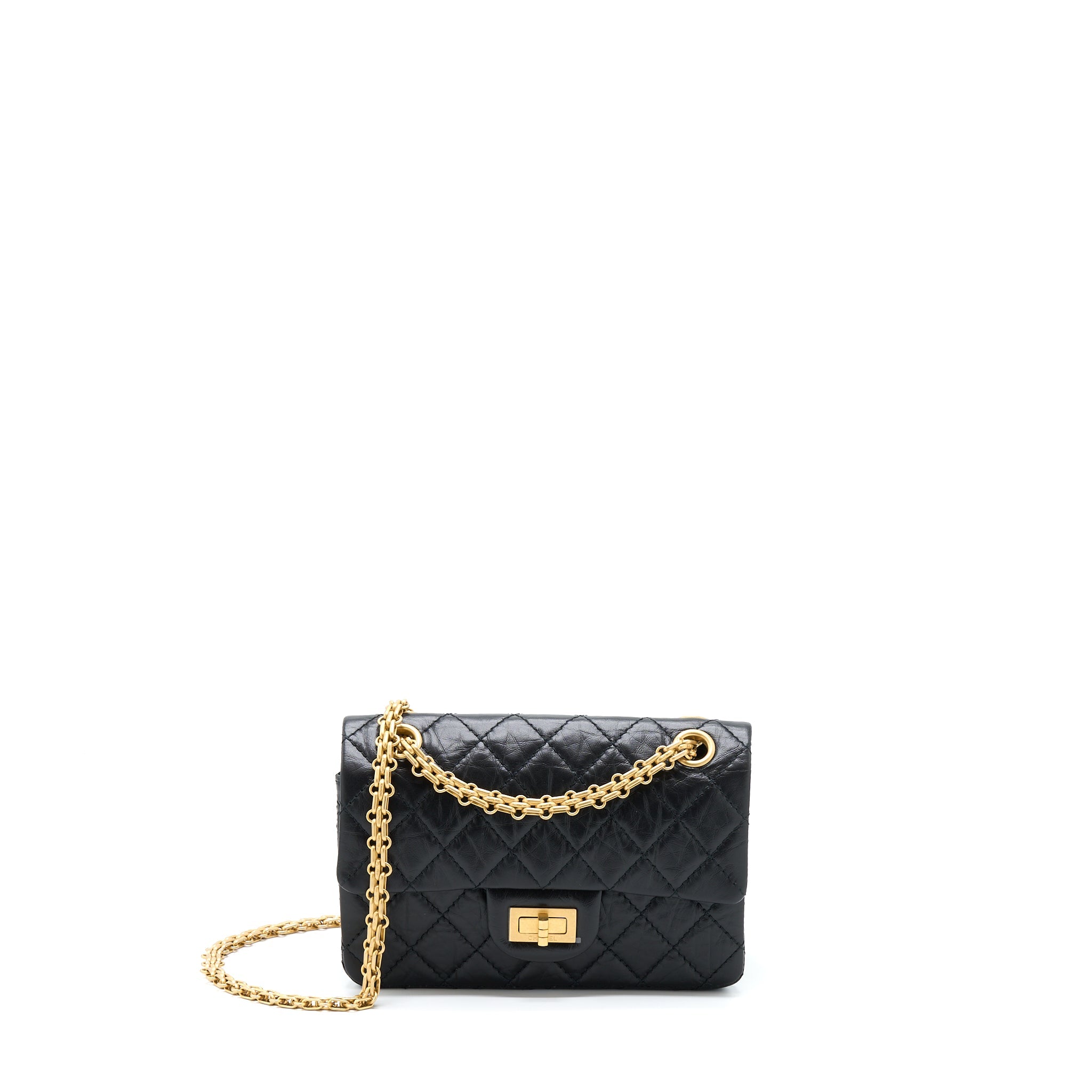CHANEL MINI 2.55 REISSUE FLAP BAG AGED CALFSKIN BLACK BRUSHED GHW (MICROCHIP)