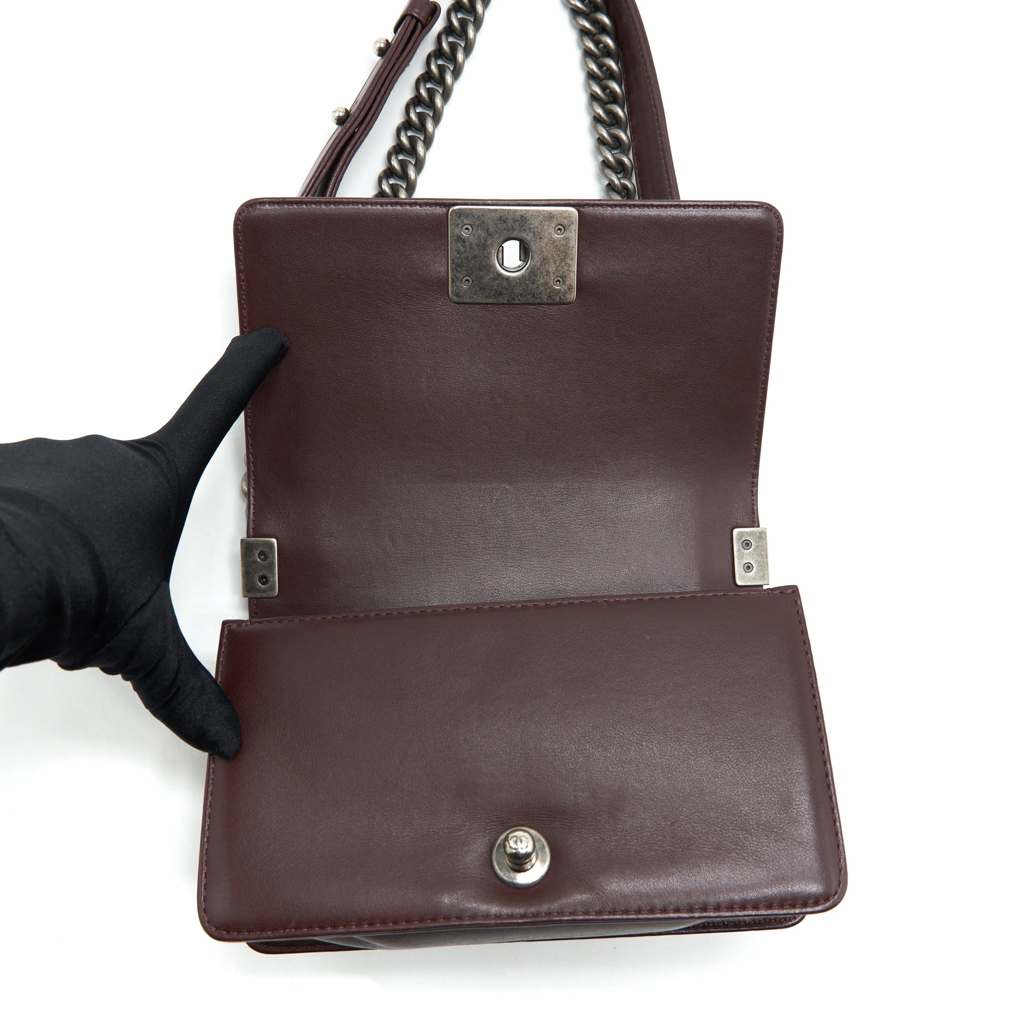 CHANEL CHEVRON SMALL BOY BAG LAMBSKIN BURGUNDY RUTHENIUM HARDWARE