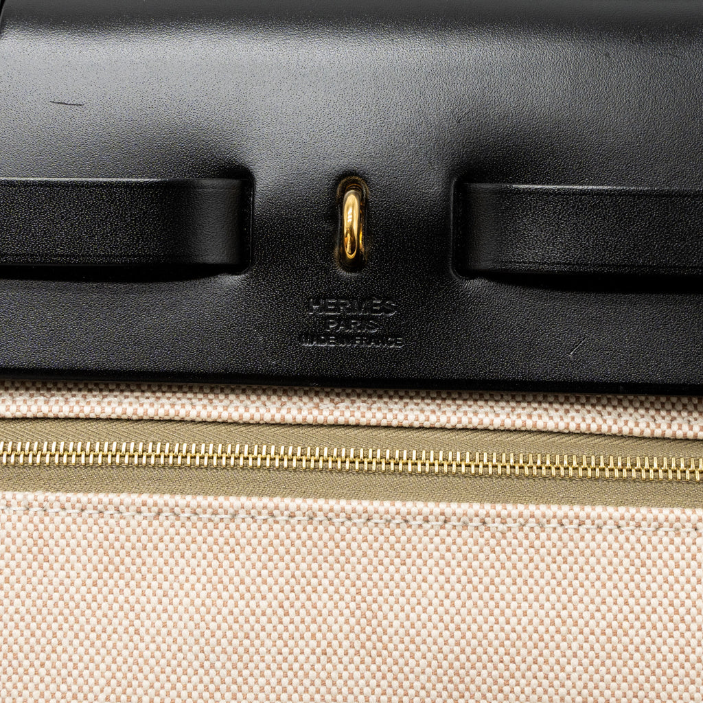 HERMES HERBAG 31 ZIP BAG TOLIE H BERLINE CANVAS/VACHE HUNTER LICHEN/ECRU-BEIGE/BLACK GHW