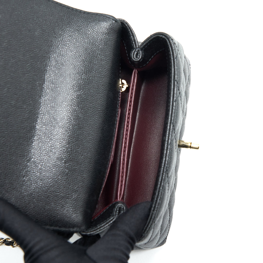 CHANEL MINI COCO HANDLE FLAP BAG CAVIAR BLACK WITH BURGUNDY HANDLE LGHW