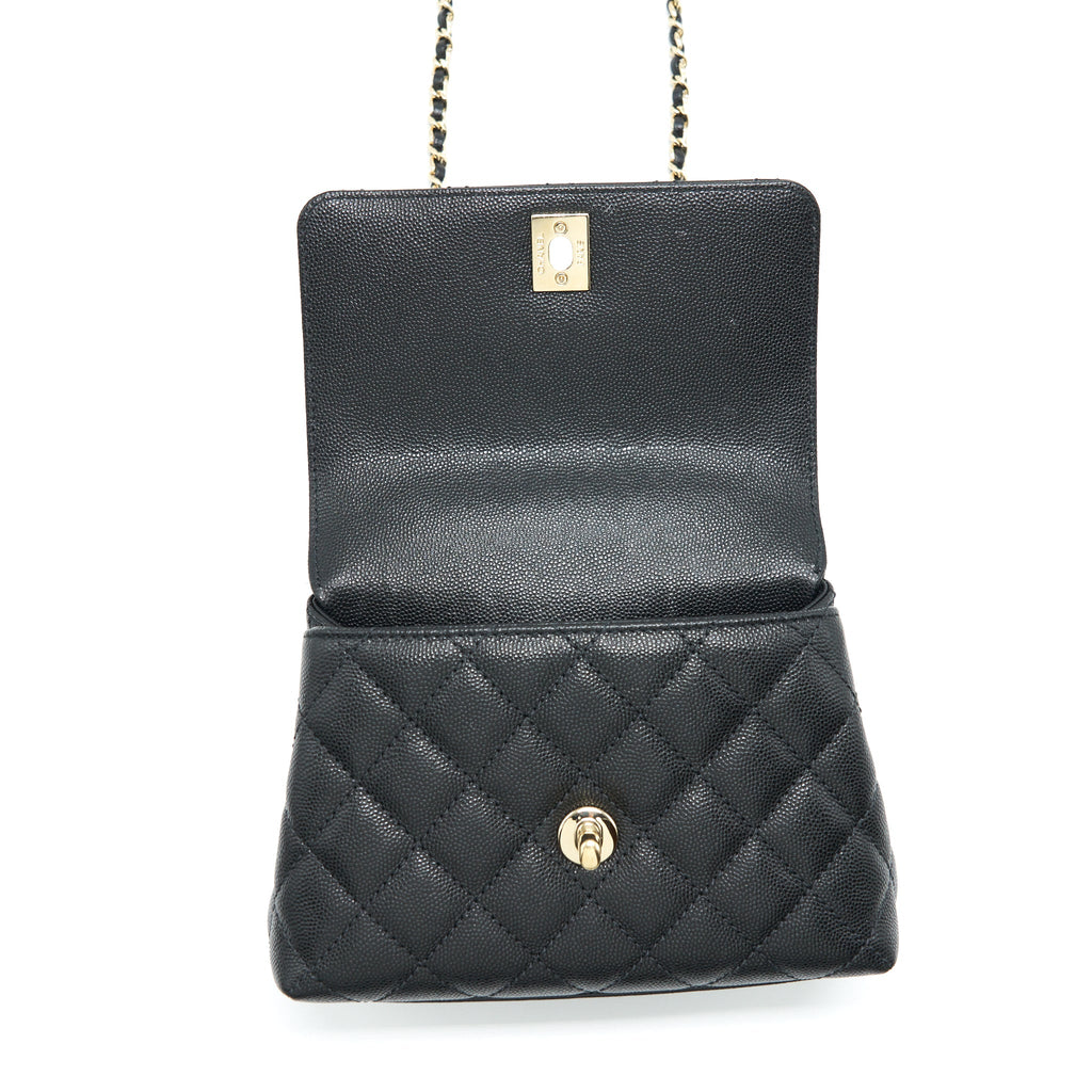 CHANEL MINI COCO HANDLE FLAP BAG CAVIAR BLACK WITH BURGUNDY HANDLE LGHW