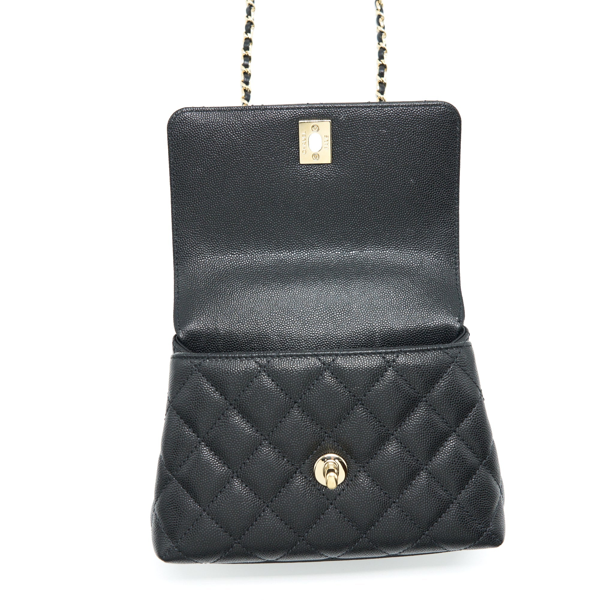 CHANEL MINI COCO HANDLE FLAP BAG CAVIAR BLACK WITH BURGUNDY HANDLE LGHW