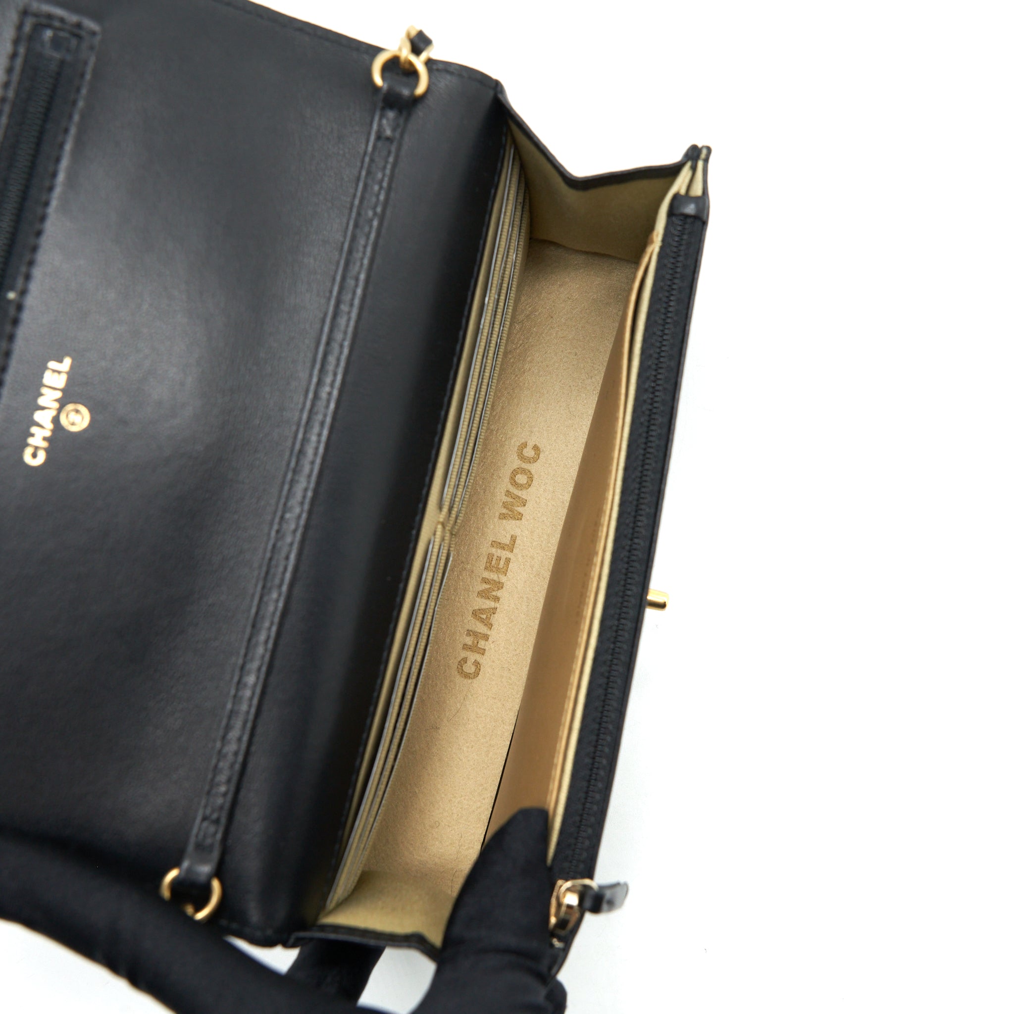CHANEL 22C PEARL CRUSH WALLET ON CHAIN LAMBSKIN BLACK GHW (MICROCHIP)