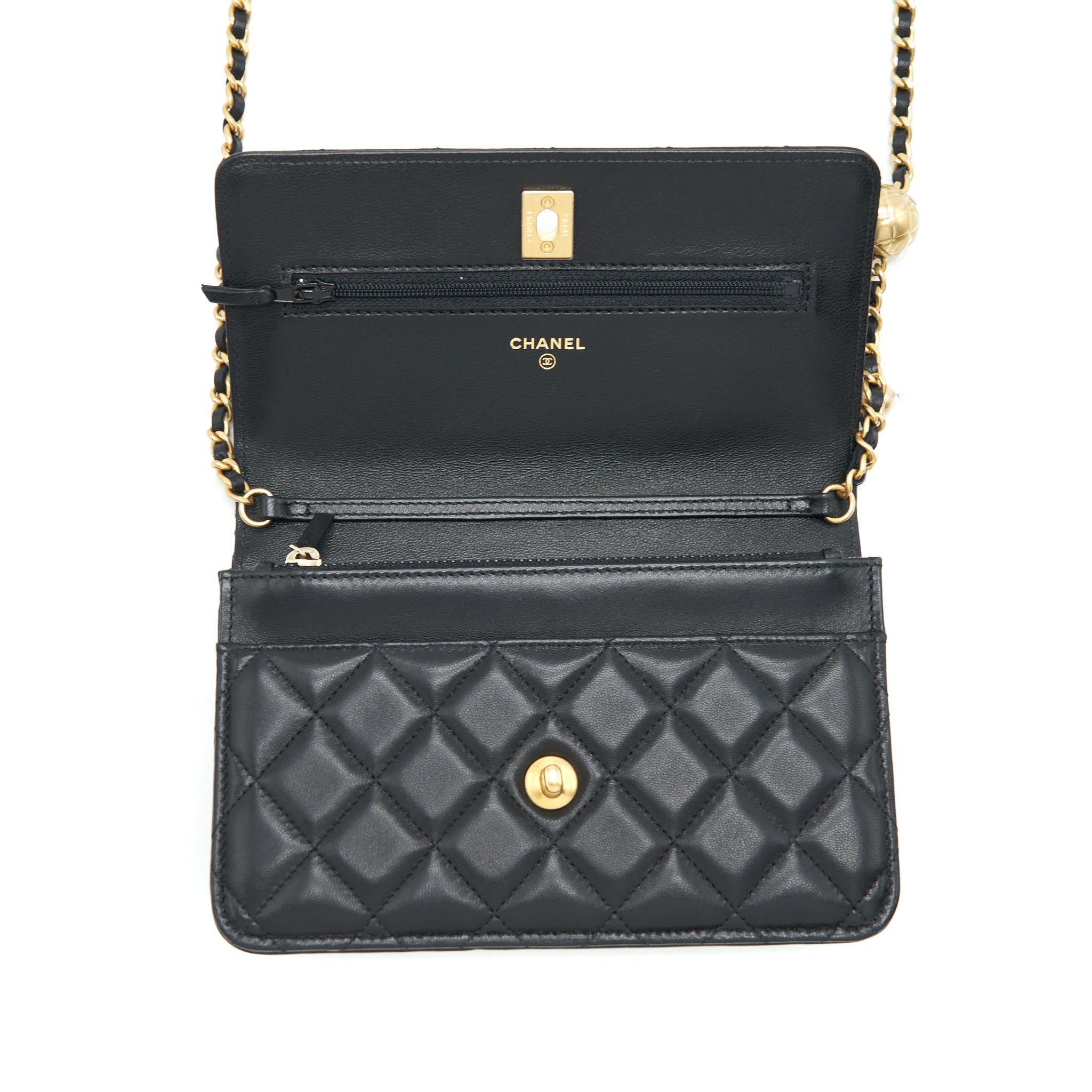 CHANEL 22C PEARL CRUSH WALLET ON CHAIN LAMBSKIN BLACK GHW (MICROCHIP)
