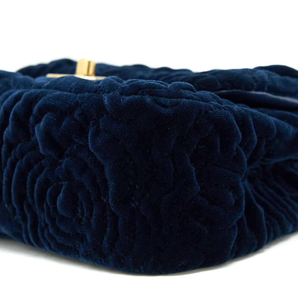 CHANEL VELVET CAMELLIA EMBOSSED MINI SQUARE FLAP BAG NAVY GHW (MICROCHIP)