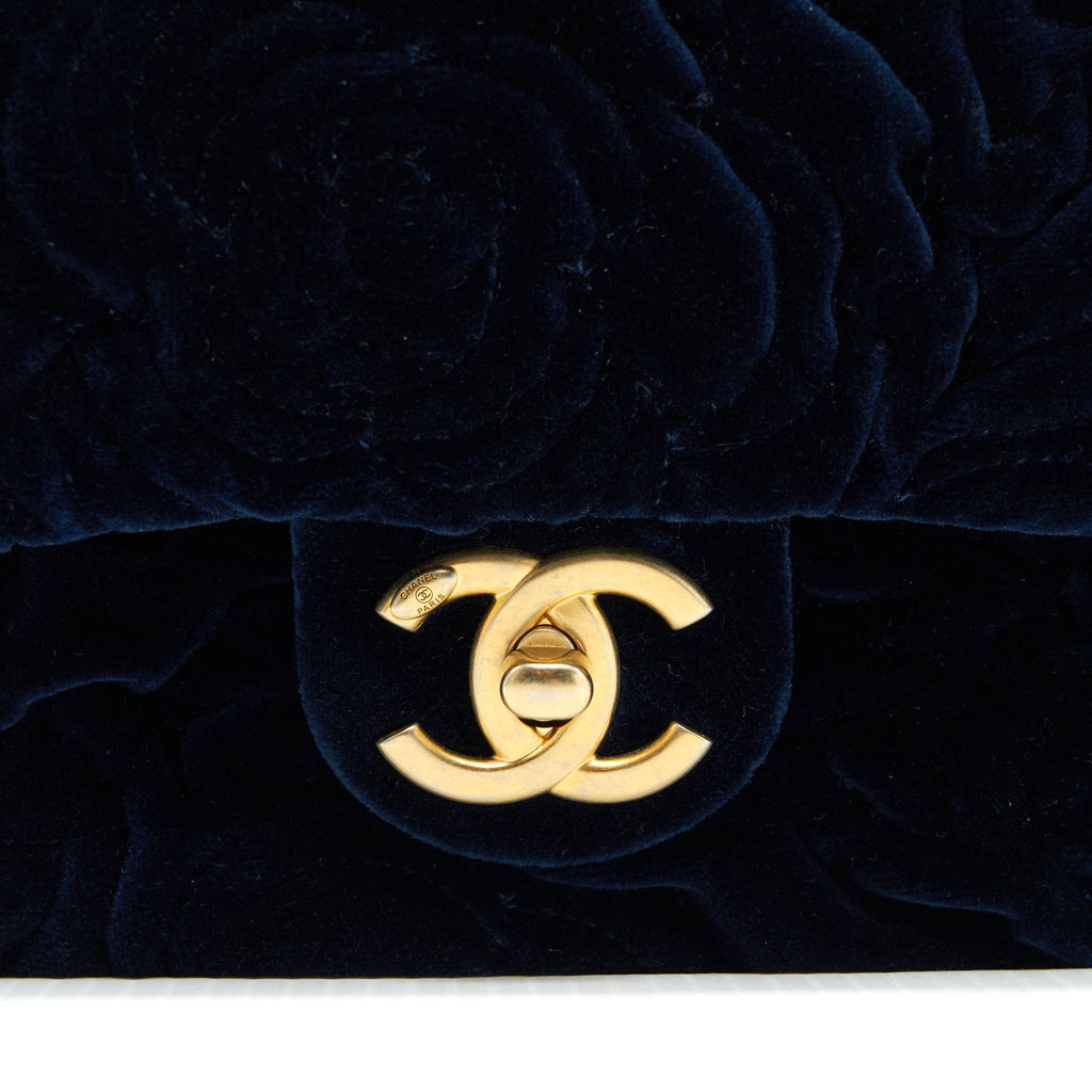 CHANEL VELVET CAMELLIA EMBOSSED MINI SQUARE FLAP BAG NAVY GHW (MICROCHIP)