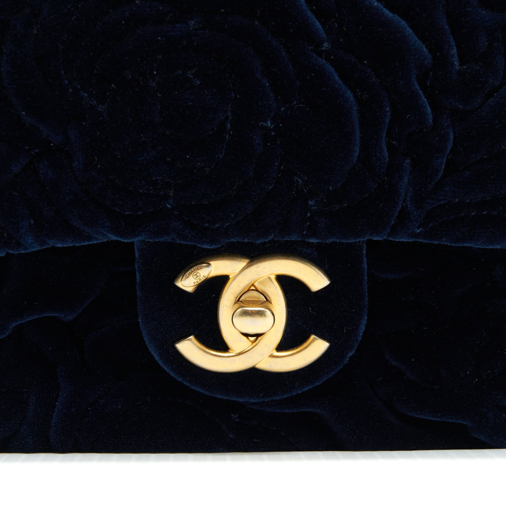 CHANEL VELVET CAMELLIA EMBOSSED MINI SQUARE FLAP BAG NAVY GHW (MICROCHIP)