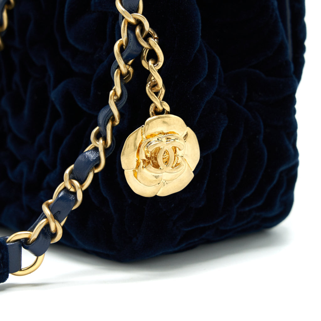 CHANEL VELVET CAMELLIA EMBOSSED MINI SQUARE FLAP BAG NAVY GHW (MICROCHIP)