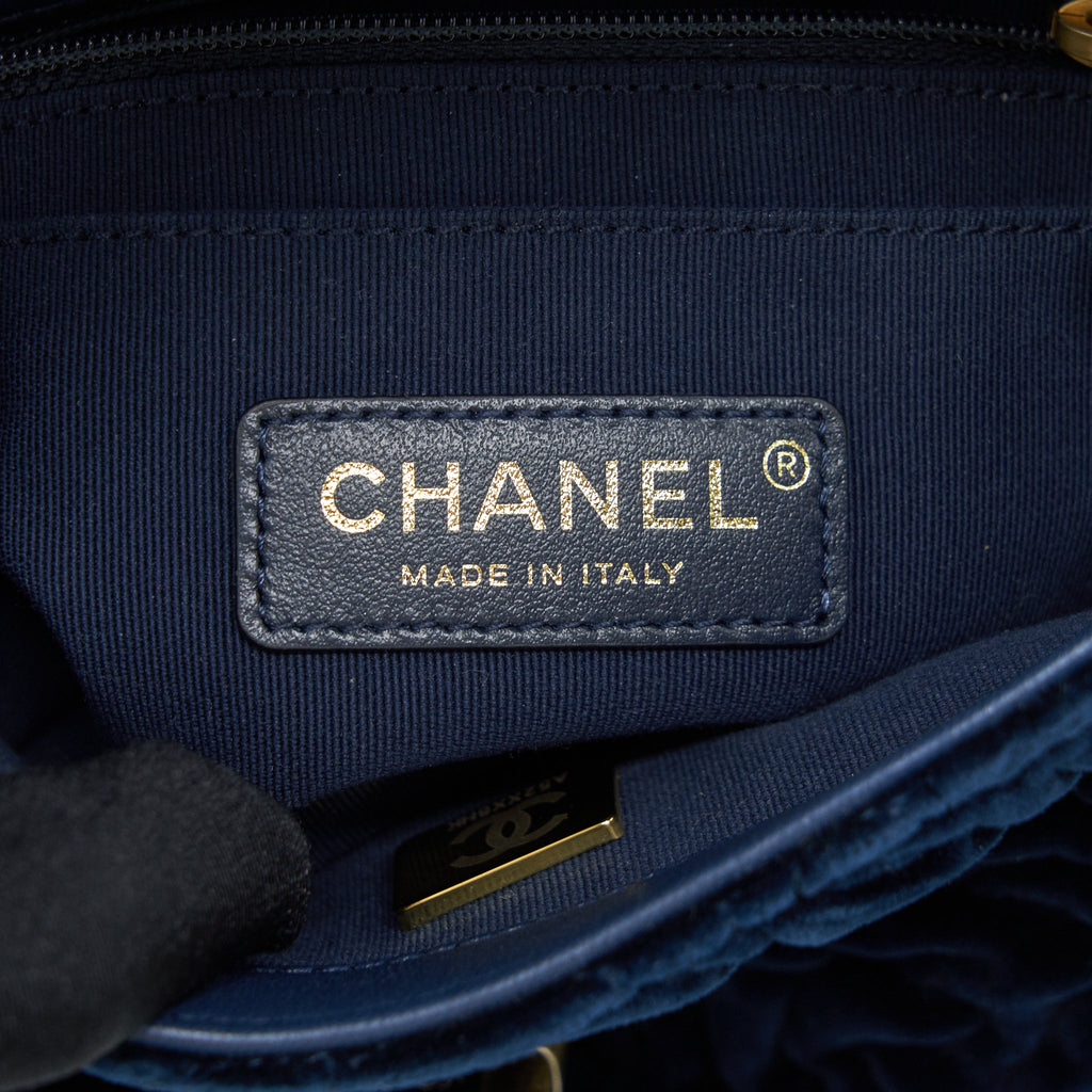 CHANEL VELVET CAMELLIA EMBOSSED MINI SQUARE FLAP BAG NAVY GHW (MICROCHIP)