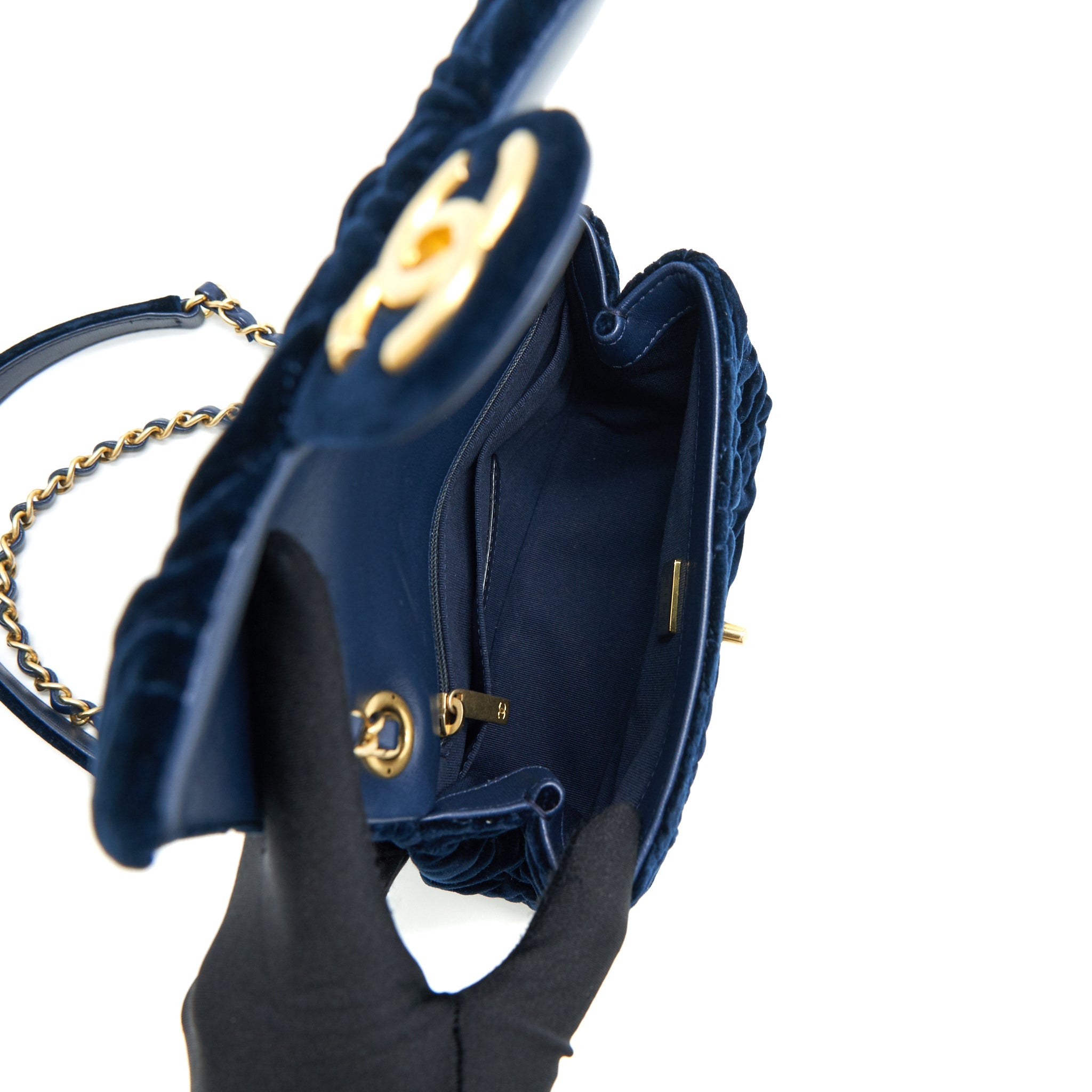 CHANEL VELVET CAMELLIA EMBOSSED MINI SQUARE FLAP BAG NAVY GHW (MICROCHIP)