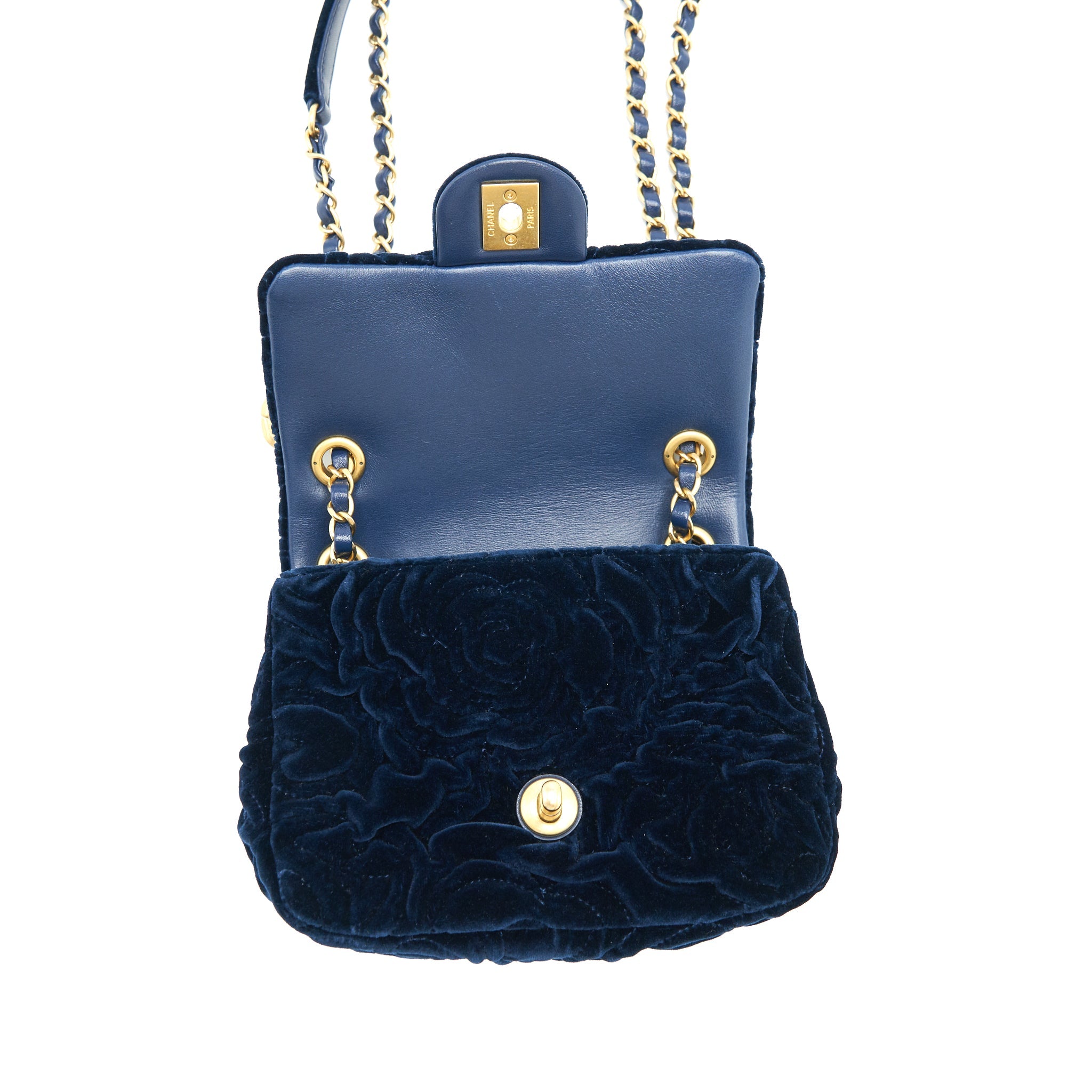 CHANEL VELVET CAMELLIA EMBOSSED MINI SQUARE FLAP BAG NAVY GHW (MICROCHIP)