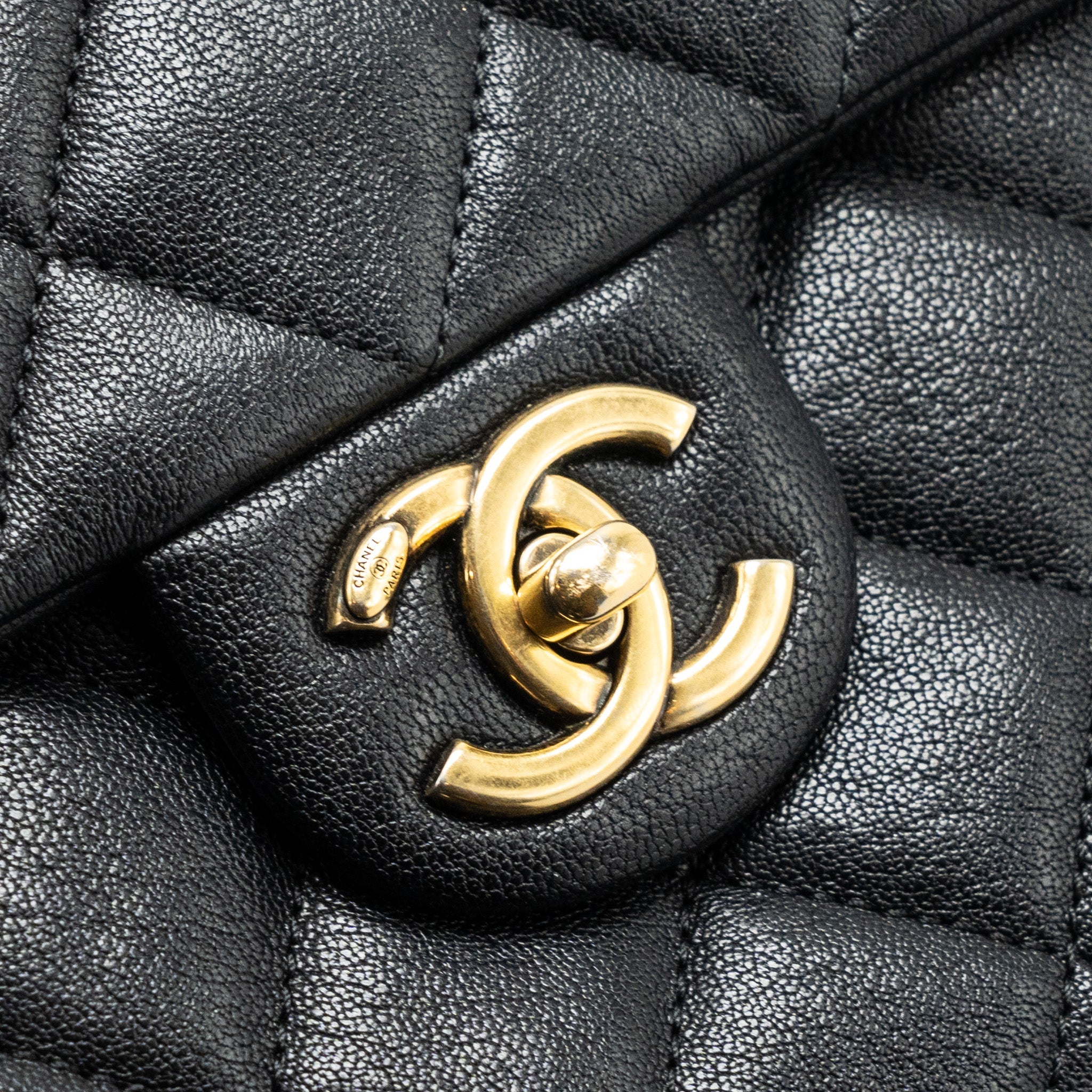 CHANEL CHAINS HANDLE FLAP BAG LAMBSKIN BLACK GHW