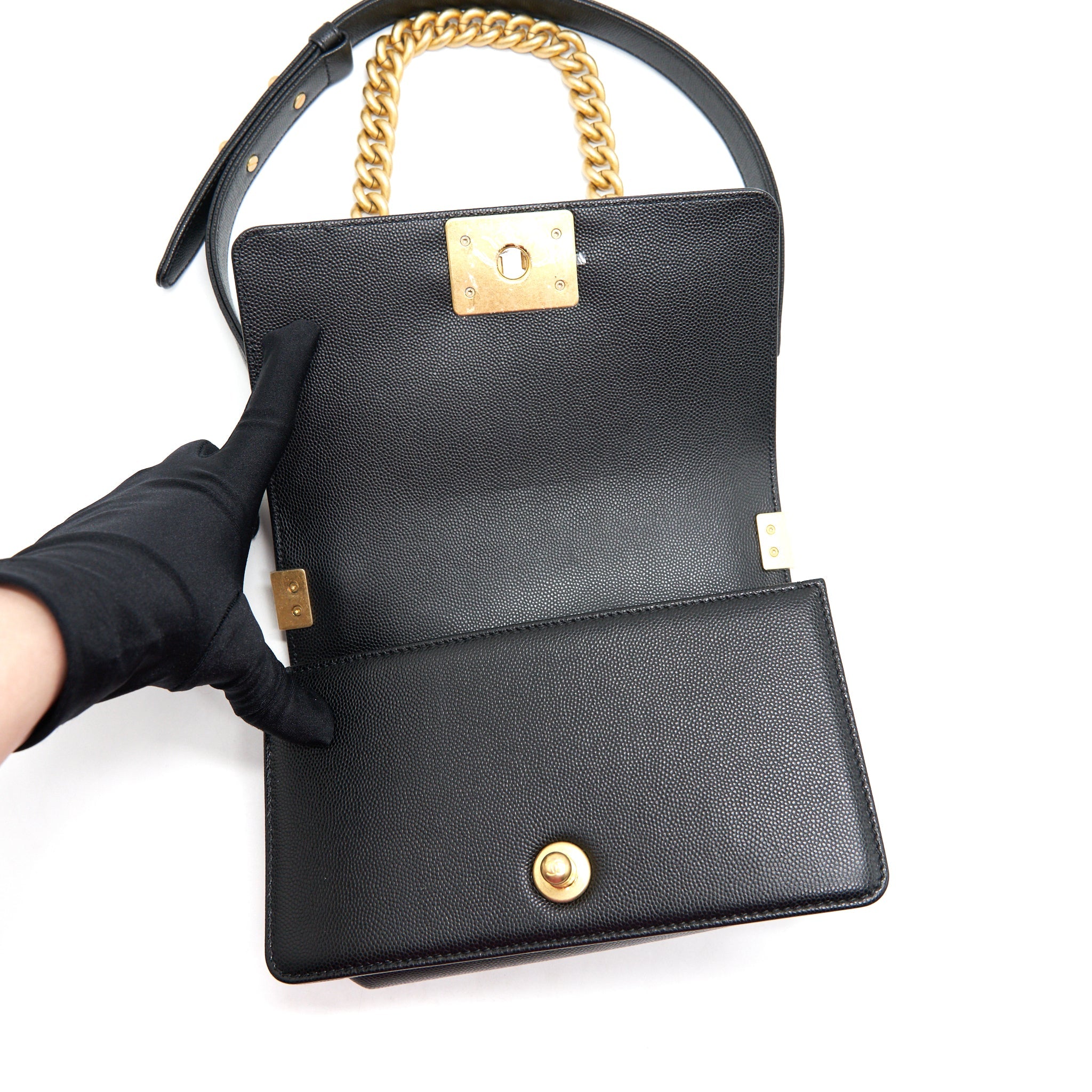 CHANEL SMALL BOY BAG CAVIAR BLACK BRUSHED GHW YEAR 2021 (MICROCHIP SERIAL）