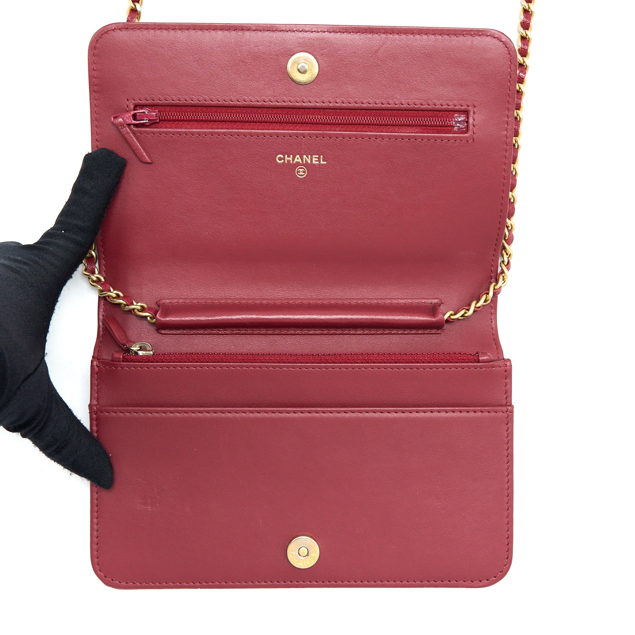 CHANEL BOY WALLET ON CHAIN CHEVRON CAVIAR RED BRUSHED GHW