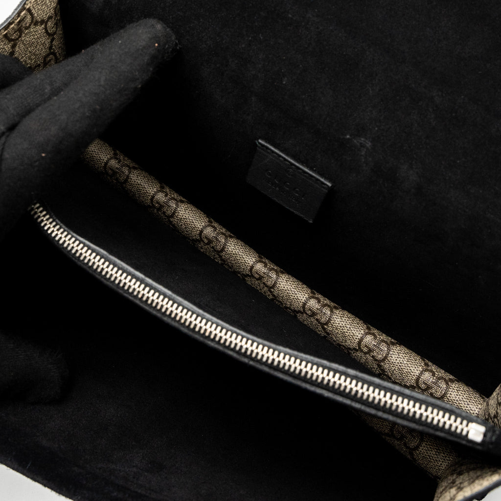 GUCCI DIONYSUS SHOULDER BAG GG SUPREME CANVAS BLACK/BROWN RUTHENIUM SILVER HARDWARE