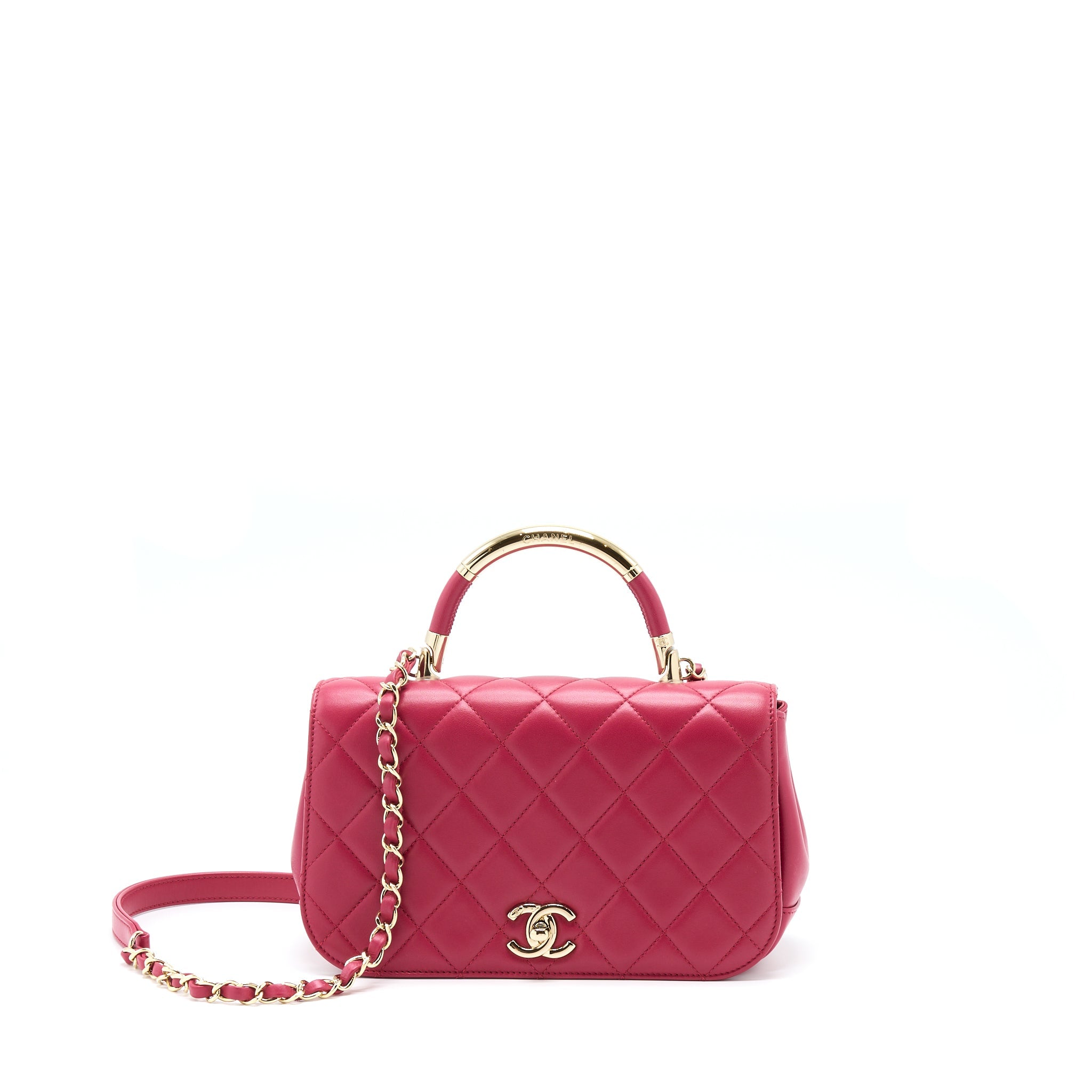 CHANEL TOP HANDLE FLAP BAG CROSSBODY LAMBSKIN PINK GHW