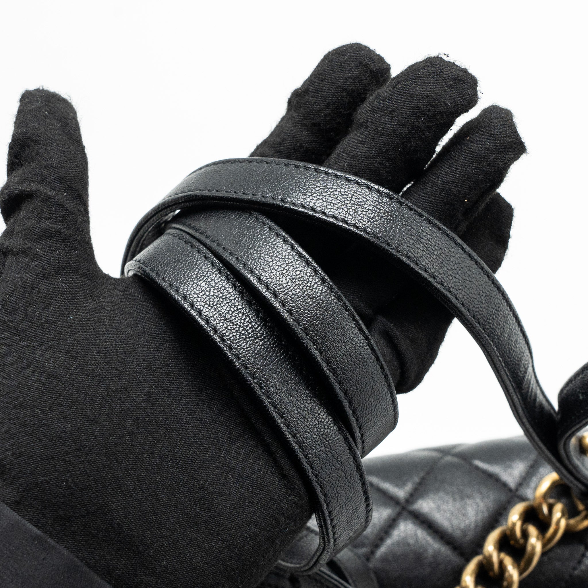 CHANEL CHAINS HANDLE FLAP BAG LAMBSKIN BLACK GHW
