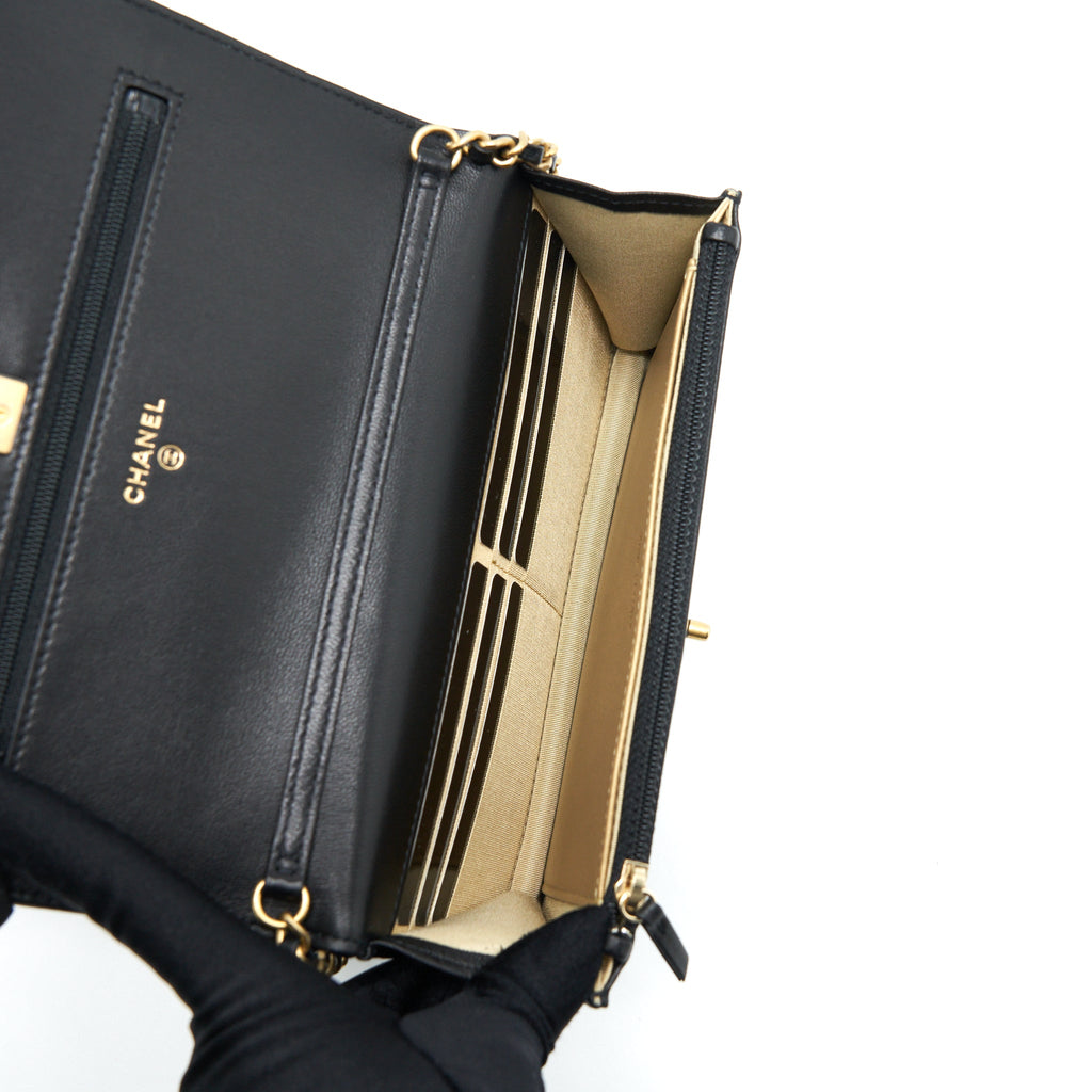 CHANEL PEARL CRUSH WALLET ON CHAIN LAMBSKIN BLACK GHW