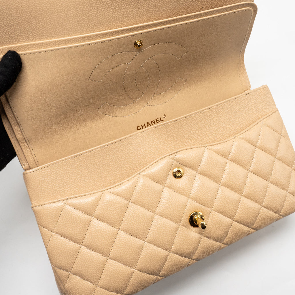 CHANEL JUMBO CLASSIC DOUBLE FLAP BAG CAVIAR BEIGE GHW (MICROCHIP)