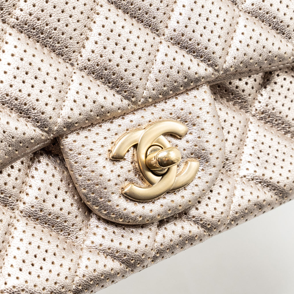 CHANEL MINI RECTANGULAR FLAP BAG PERFORATED METALLIC LAMBSKIN LIGHT GOLD LGHW