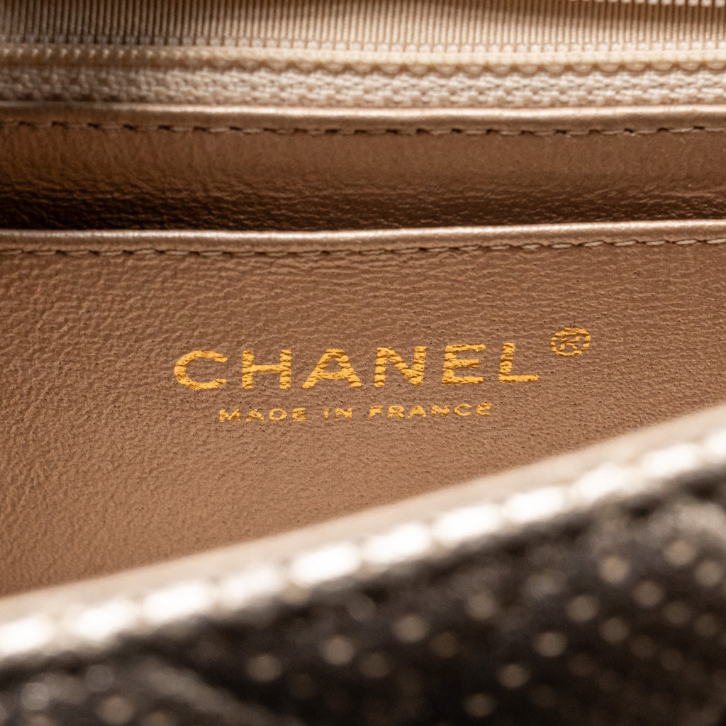 CHANEL MINI RECTANGULAR FLAP BAG PERFORATED METALLIC LAMBSKIN LIGHT GOLD LGHW