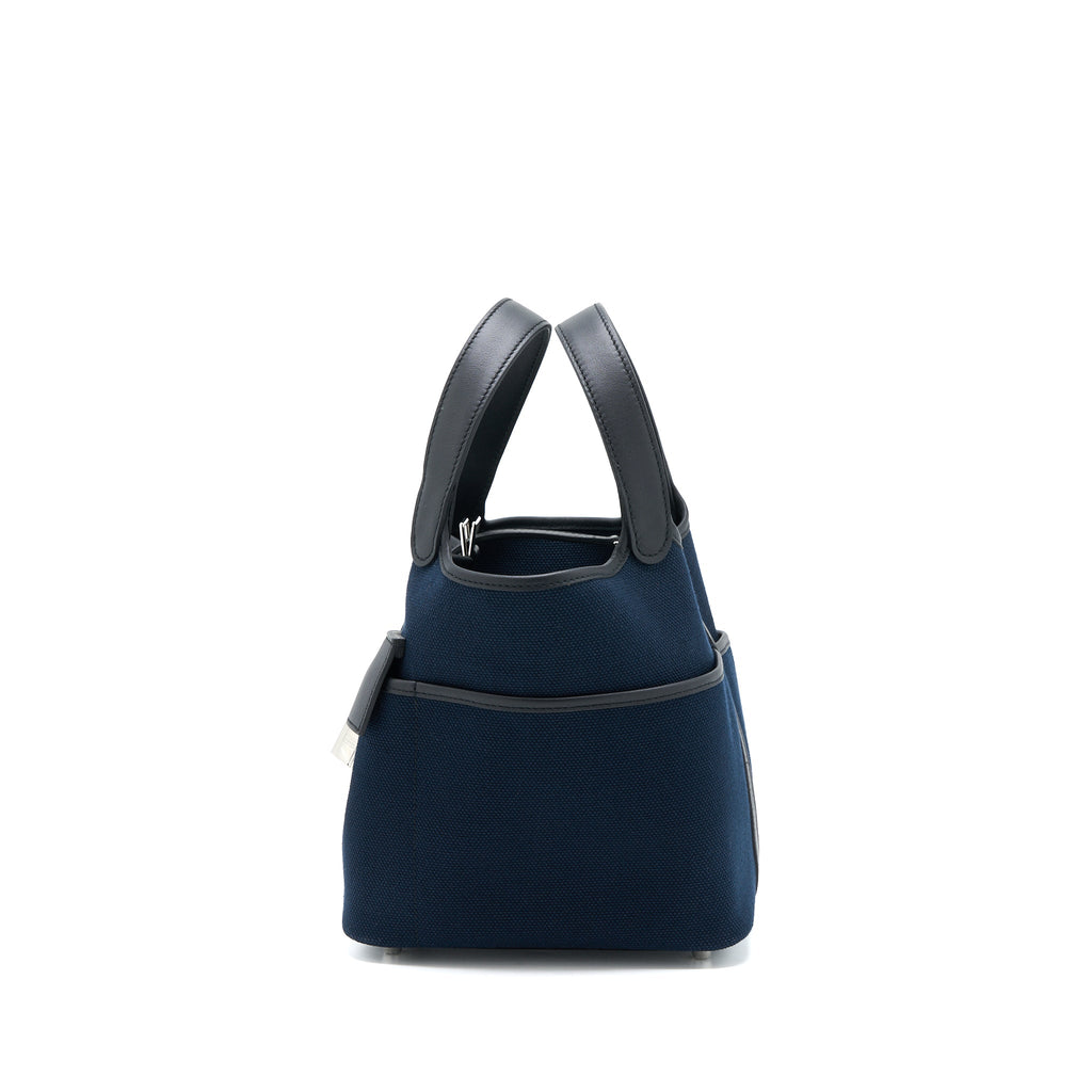 HERMES PICOTIN CARGO 18 LOCK BAG SWIFT/TOILE BLUE MARINE/NOIR SHW
