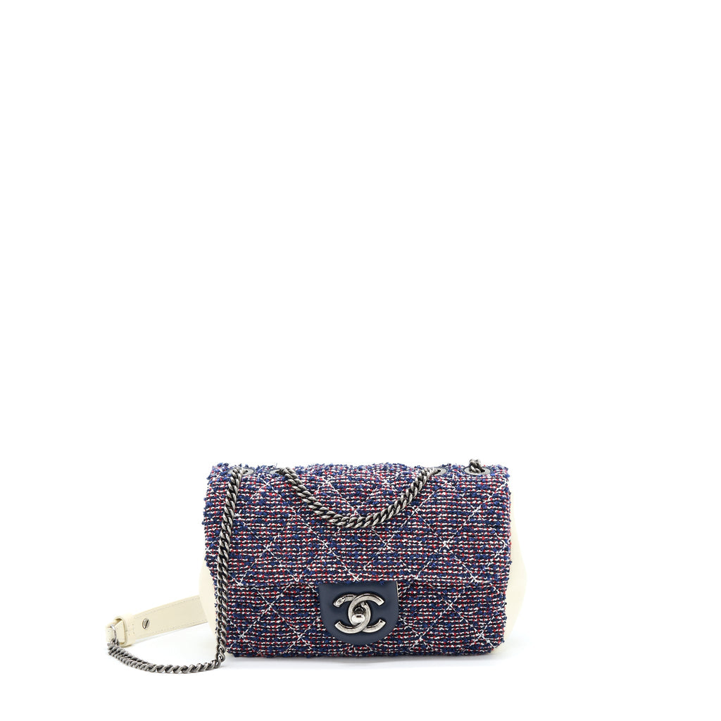 CHANEL SEASONAL MINI RECTANGULAR FLAP BAG TWEED BLUE/ RED/ WHITE RUTHENIUM HARDWARE