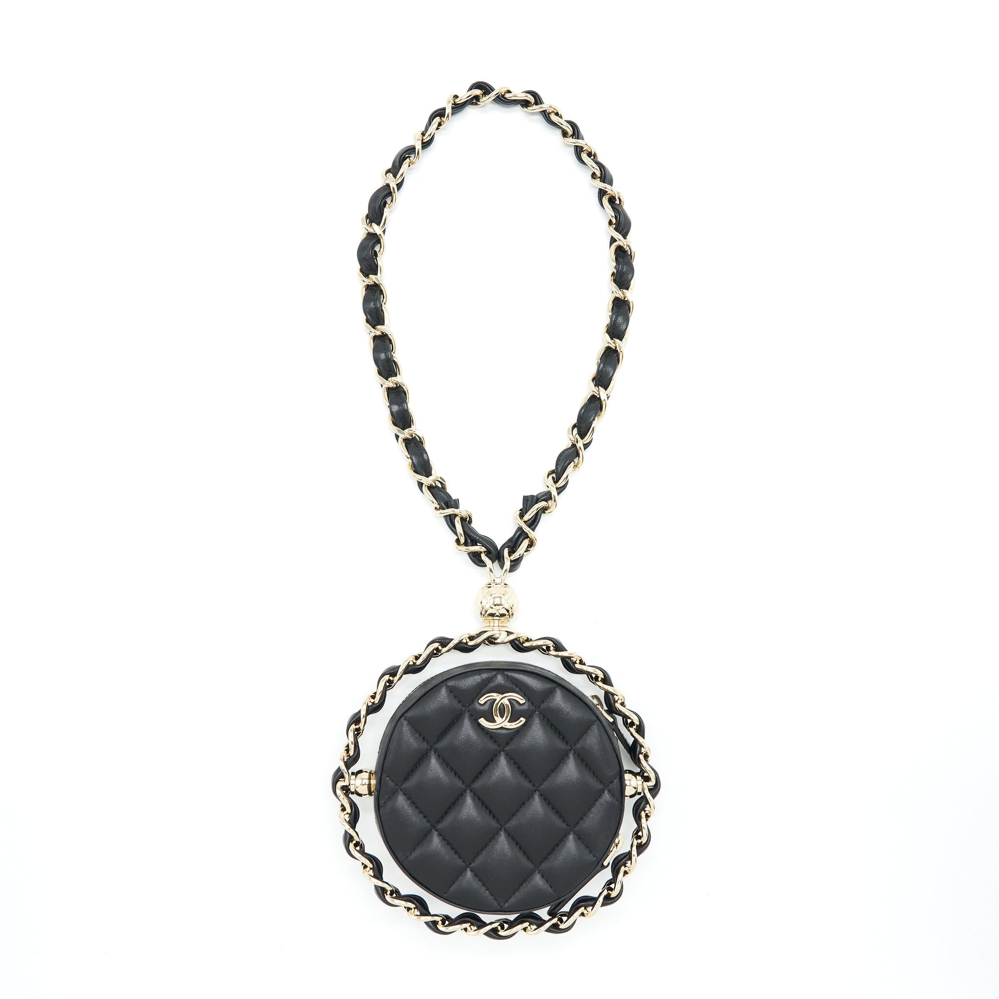 CHANEL ROUND CLUTCH WITH CHAIN LAMBSKIN BLACK LGHW