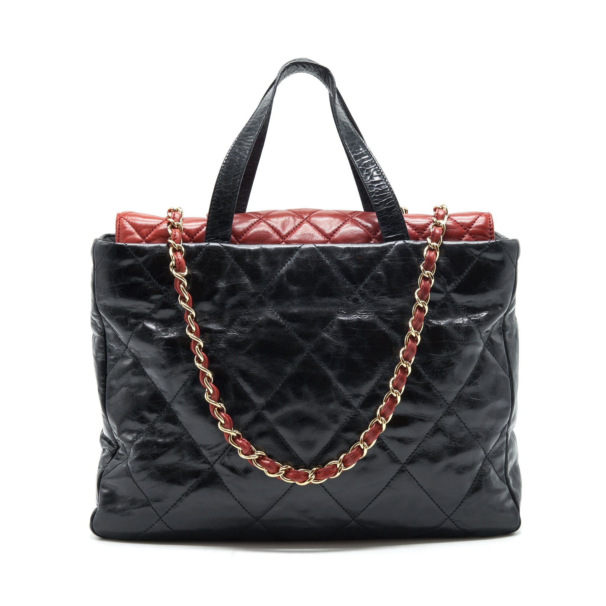 CHANEL CALFSKIN TOTE BAG WITH CHAIN BLACK AND RED GHW