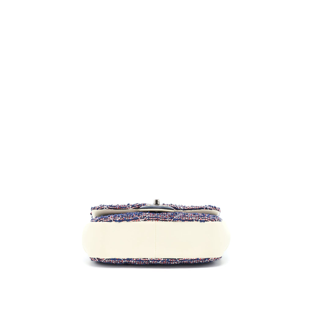 CHANEL SEASONAL MINI RECTANGULAR FLAP BAG TWEED BLUE/ RED/ WHITE RUTHENIUM HARDWARE