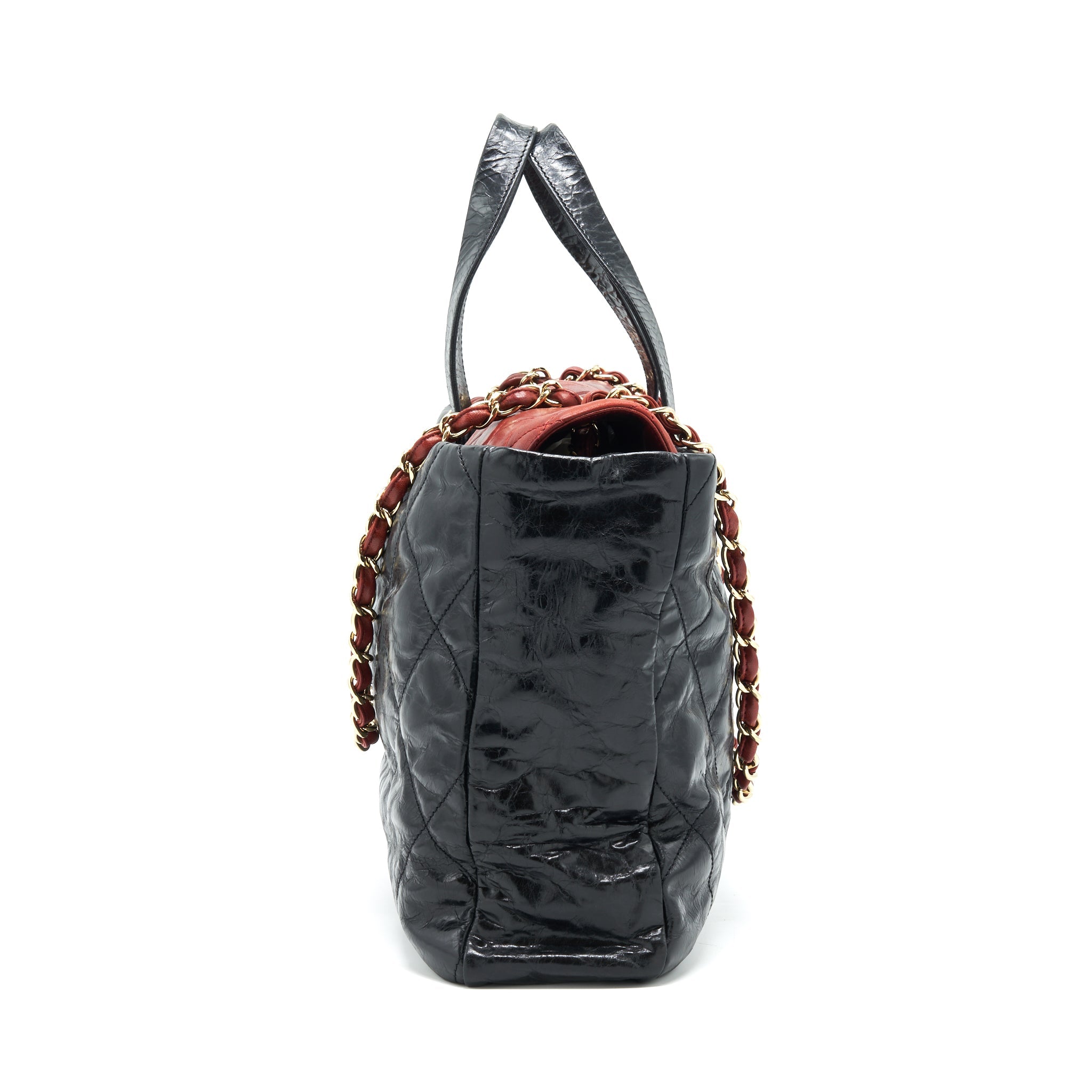 CHANEL CALFSKIN TOTE BAG WITH CHAIN BLACK AND RED GHW