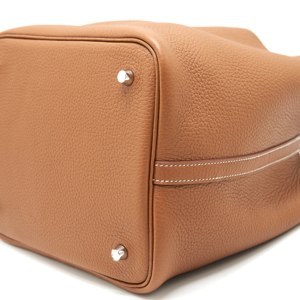 HERMES PICOTIN 22 LOCK BAG GOLD WITH BLUE BRUME HANDLE SHW