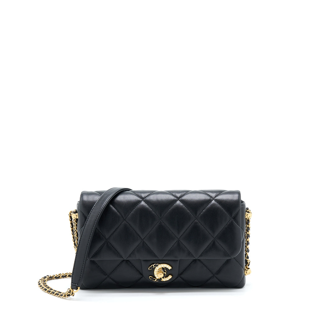 CHANEL 21A QUILTED DETAILED LOGO FLAP BAG LAMBSKIN BLACK GHW (MICROCHIP)