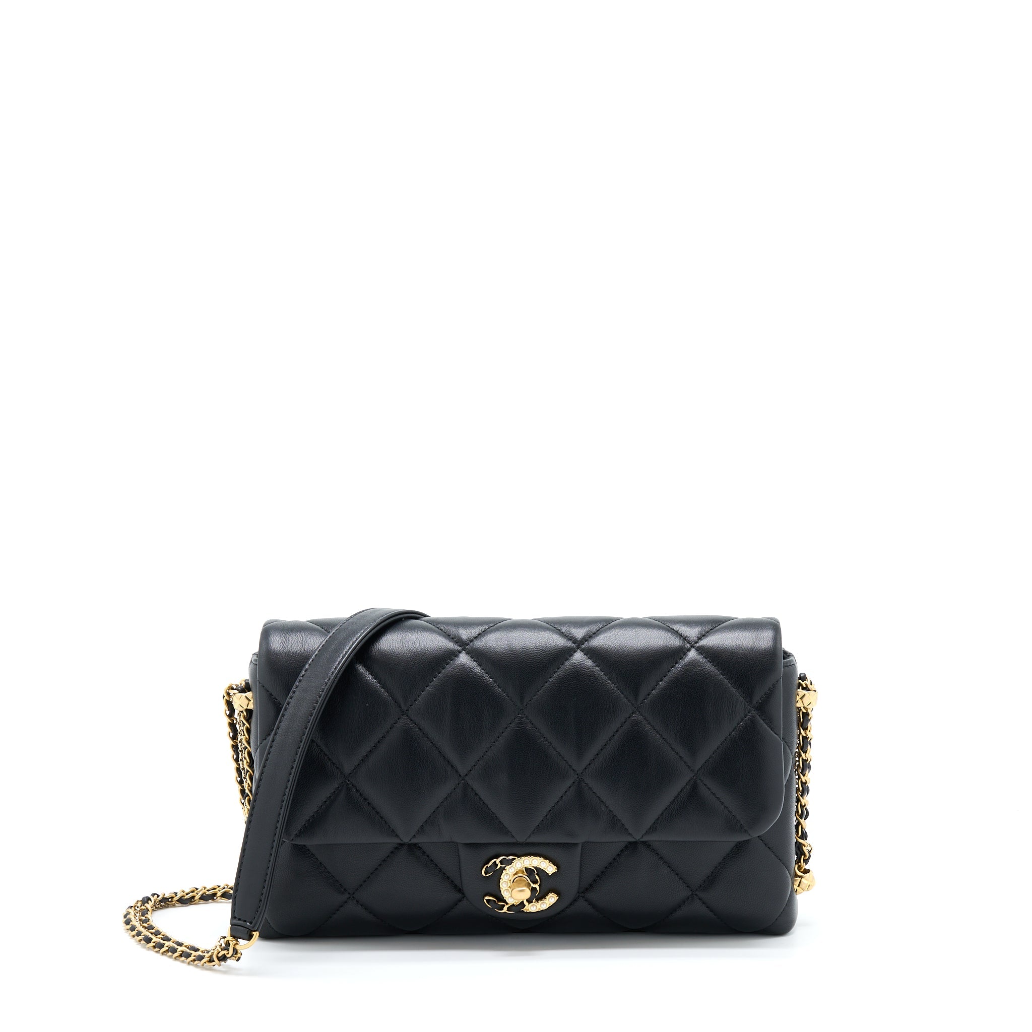 CHANEL 21A QUILTED DETAILED LOGO FLAP BAG LAMBSKIN BLACK GHW (MICROCHIP)