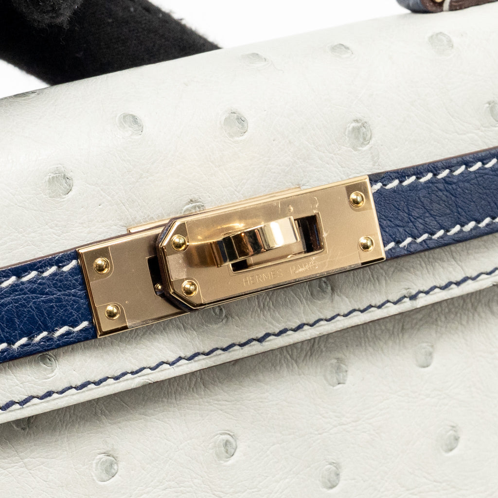 HERMES MINI KELLY SPECIAL ORDER OSTRICH GRIS PERLE/BLUE IRIS LGHW