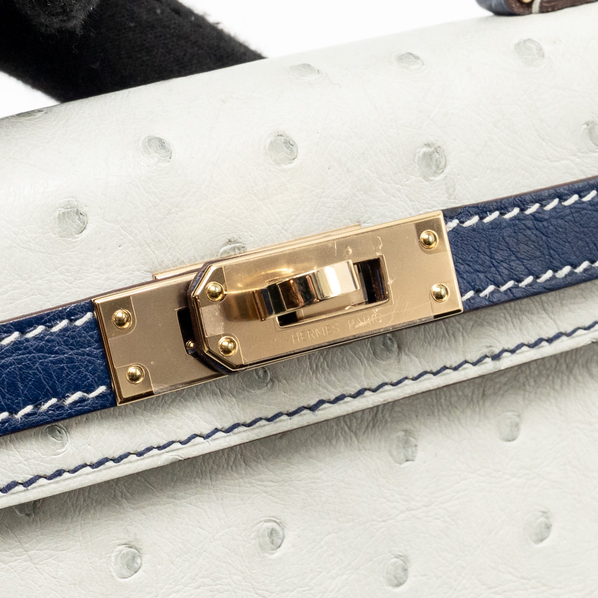 HERMES MINI KELLY SPECIAL ORDER OSTRICH GRIS PERLE/BLUE IRIS LGHW