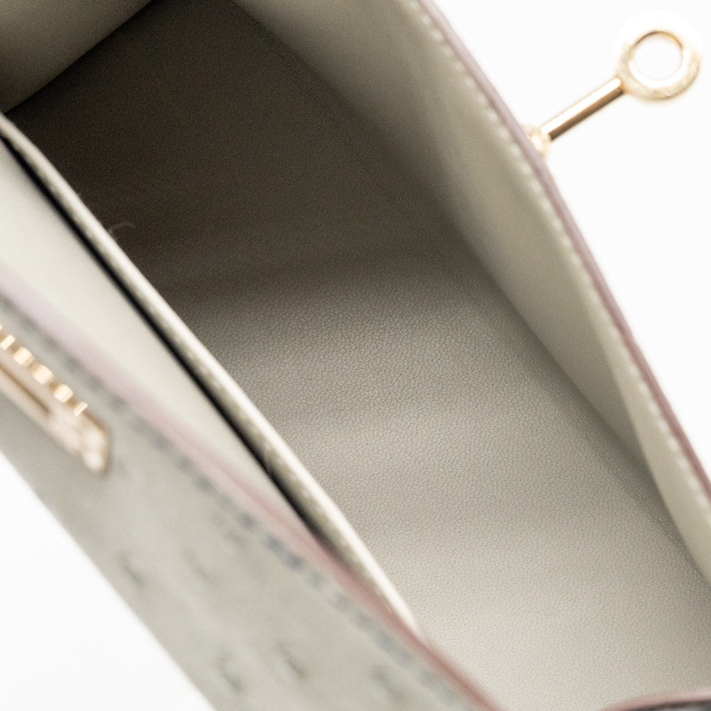 HERMES MINI KELLY SPECIAL ORDER OSTRICH GRIS PERLE/BLUE IRIS LGHW