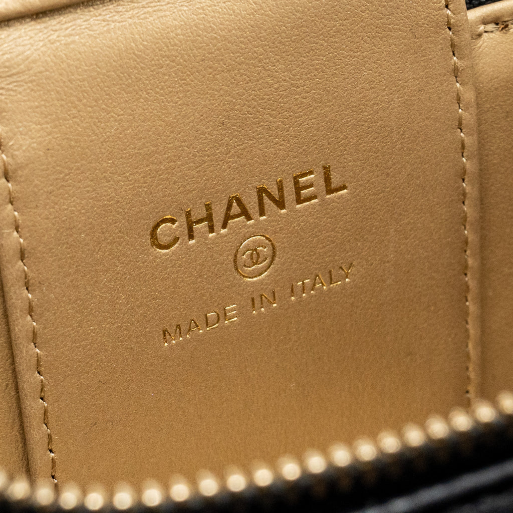 CHANEL PEARL CRUSH MINI VANITY WITH CHAIN LAMBSKIN BLACK GHW (MICROCHIP)