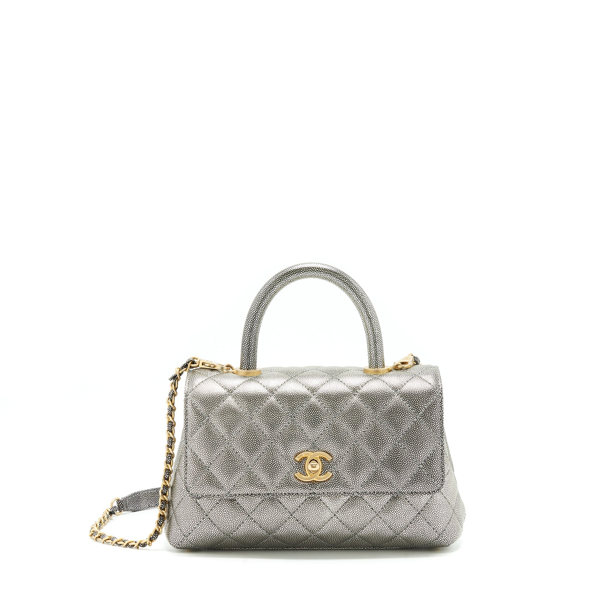 CHANEL SMALL COCO HANDLE 24CM CAVIAR METALLIC SILVER GHW