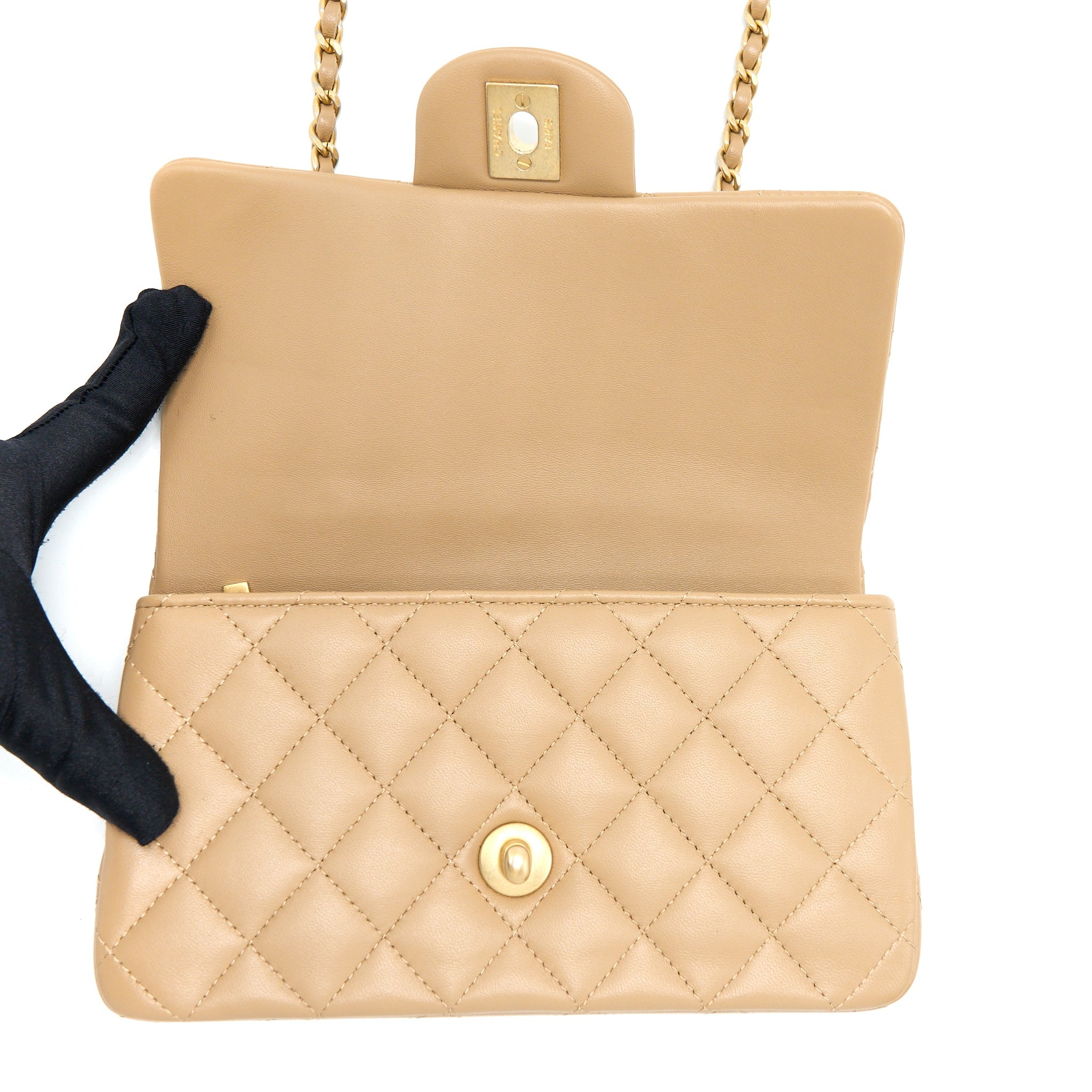 CHANEL 22B DETAIL TOP HANDLE MINI RECTANGULAR LAMBSKIN NJ528 DARK BEIGE BRUSHED GHW