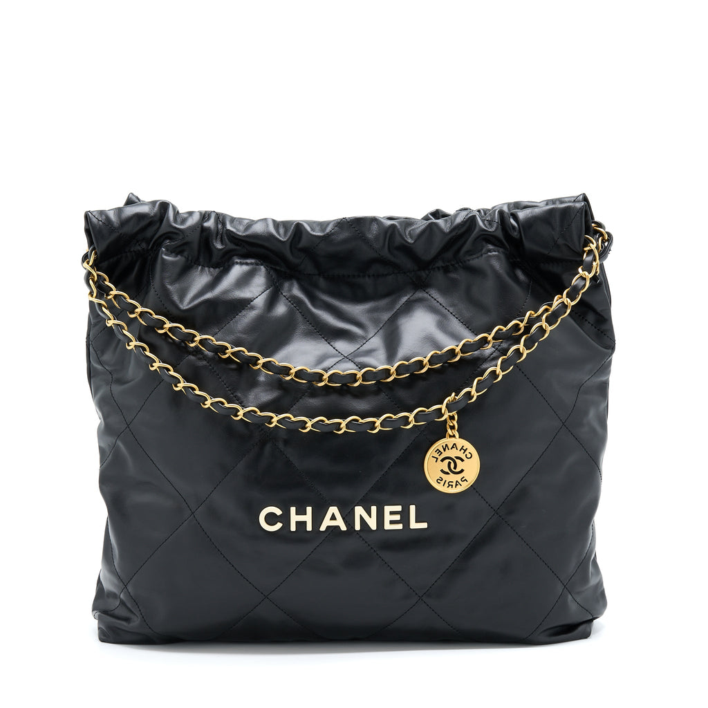 CHANEL 22 BAG MEDIUM SHINY CALFSKIN BLACK GHW (MICROCHIP)