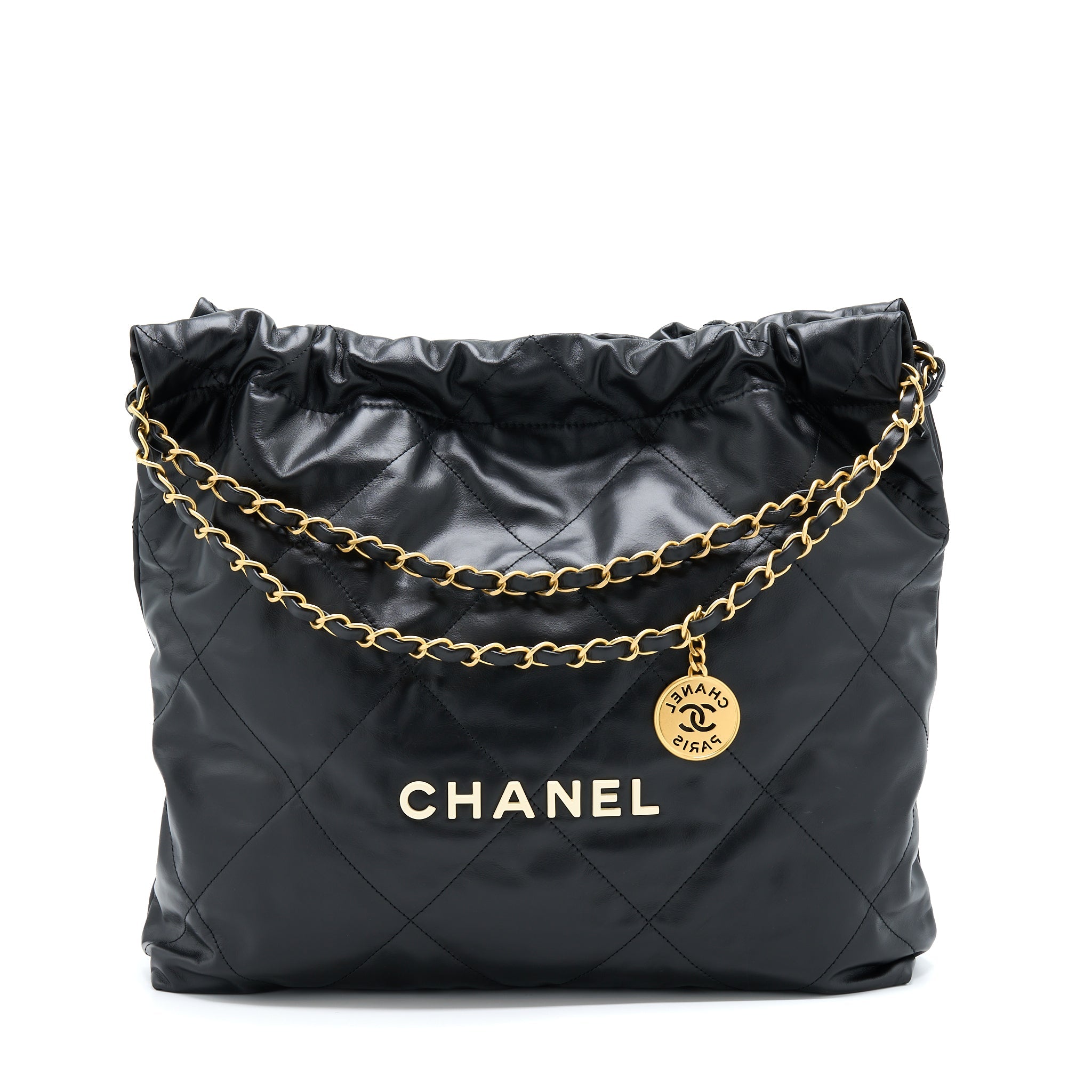 CHANEL 22 BAG MEDIUM SHINY CALFSKIN BLACK GHW (MICROCHIP)